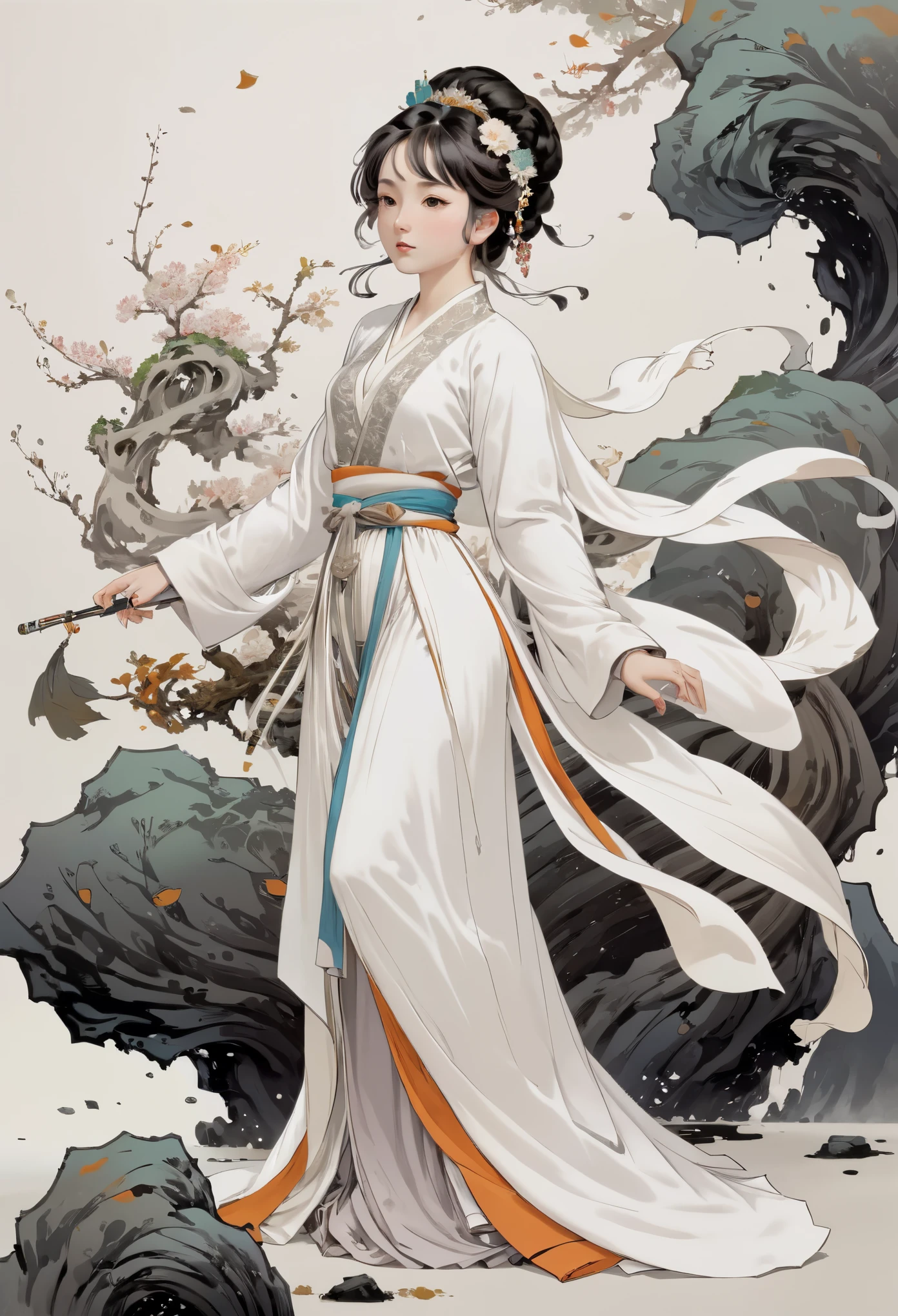 (1girl:1.4),solo, gorgeous， extreme detailed,(joshua middleton comic cover art:1.1), (Action 
painting:1.2),(concretism:1.2),(hypermaximalistic:1.5),colorful,highest detailed,white grey background, white hanfu, muted color， (masterpiece, top 
quality, best quality, official art, beautiful and aesthetic:1.2),