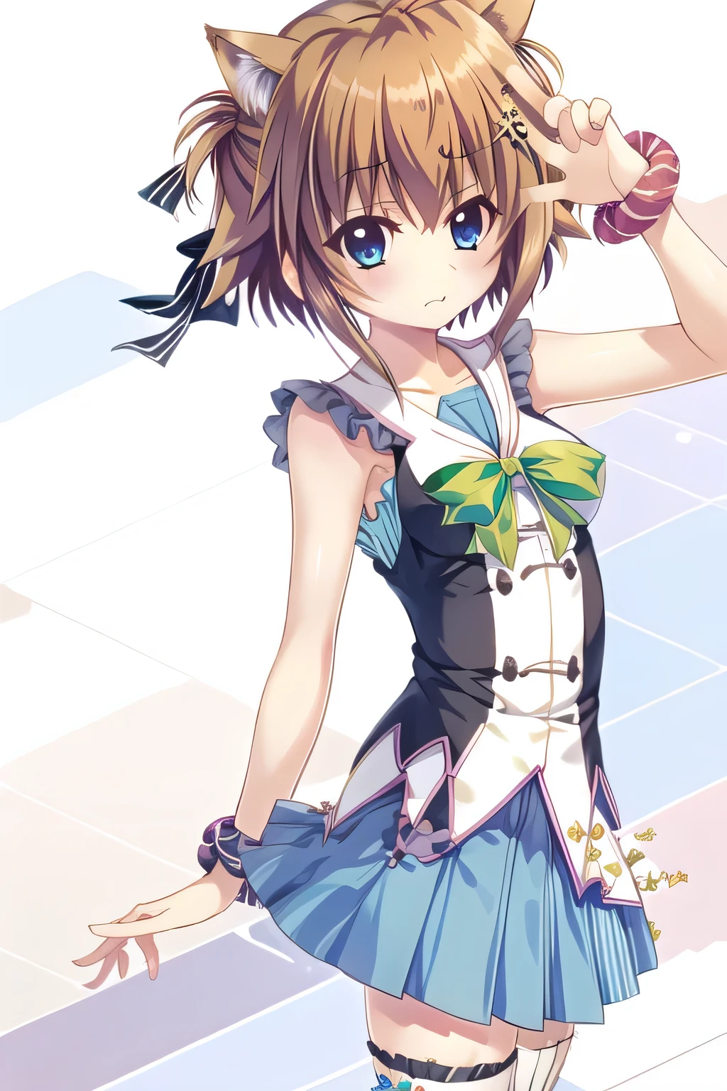 masterpiece, highest quality, 1 girl, Cat ear, Ahoge, short hair, orange hair, blue eyes, clover hair clip\can&#39;I can&#39;t see my fingers, Cat ear, 1 wrist scrunchie, Asymmetrical thighhighs, 
