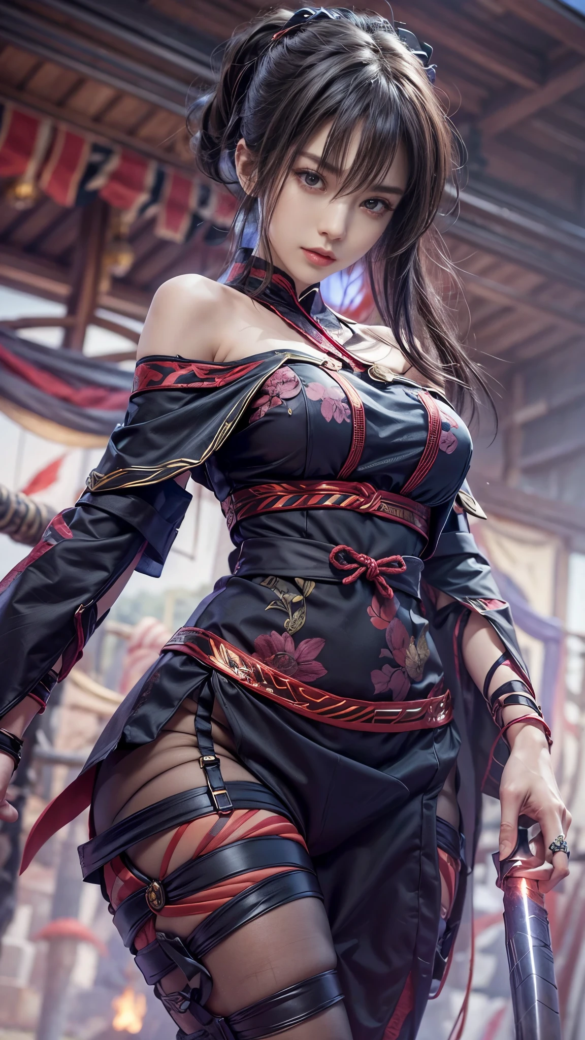Close-up of a girl,Black hair,Cat mask,Jade is tied around the waist,Red colored eyes,glowing light eyes,Separate sleeves,dress cheongsam,Cold,perfect girly body,medium breasts,long legged,Cat's ears,mitts,There's a cat next door,Holding a longsword,,Separate sleeves,Honkai Three Style,style of anime,full body Esbian,spring festival background,