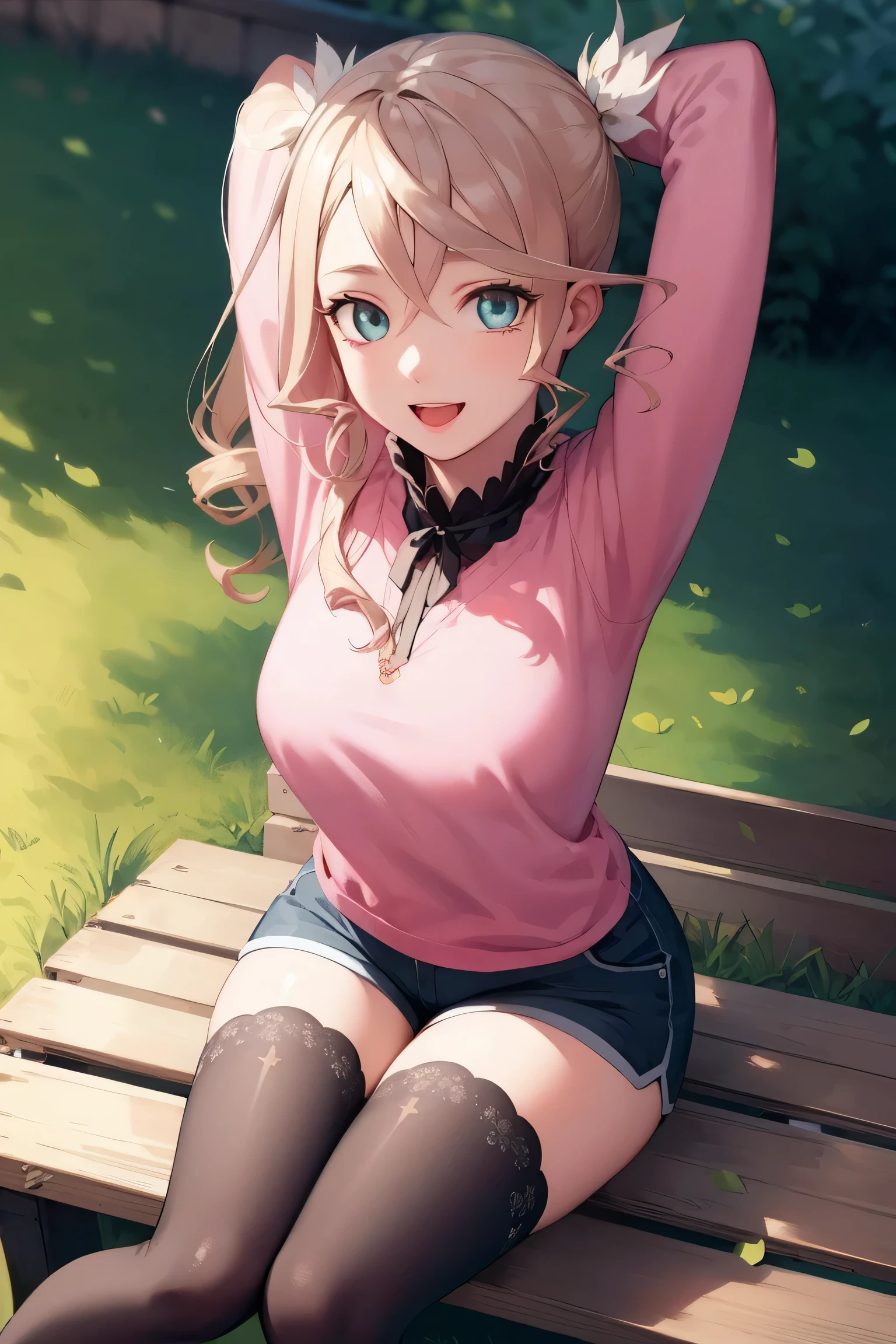 alishadef,side ponytail, drill hair, smile,
BREAK (pink shirt, shorts, thighhighs:1.2),
BREAK   sitting, outdoors, bench, smile, open mouth, armpits,arm up, looking at viewer,
BREAK (masterpiece:1.2), best quality, high resolution, unity 8k wallpaper, (illustration:0.8), (beautiful detailed eyes:1.6), extremely detailed face, perfect lighting, extremely detailed CG, (perfect hands, perfect anatomy),perfect face,