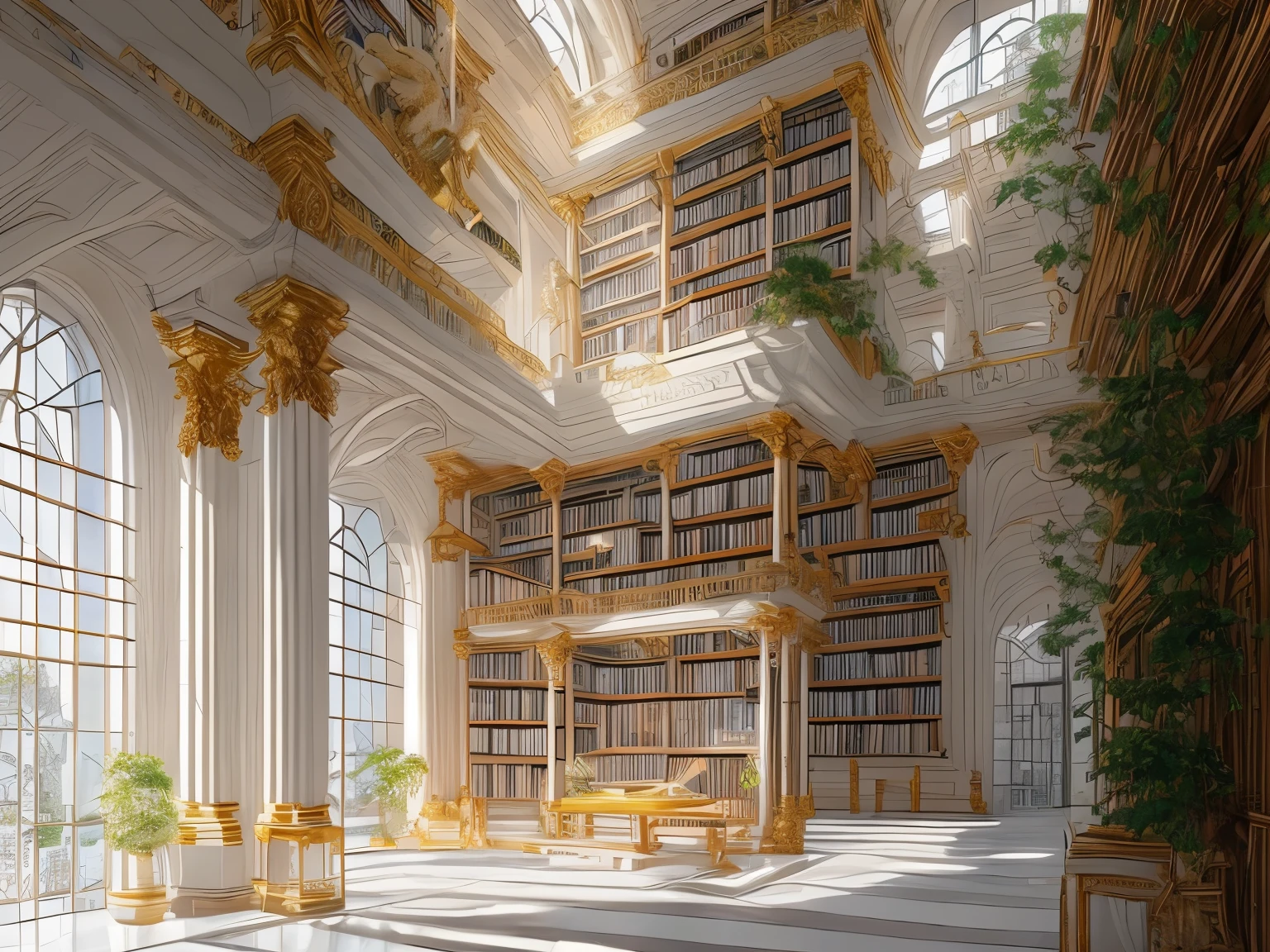 a huge white angelic library with golden patterns, potted plants, Renaissance style, white columns, anime style