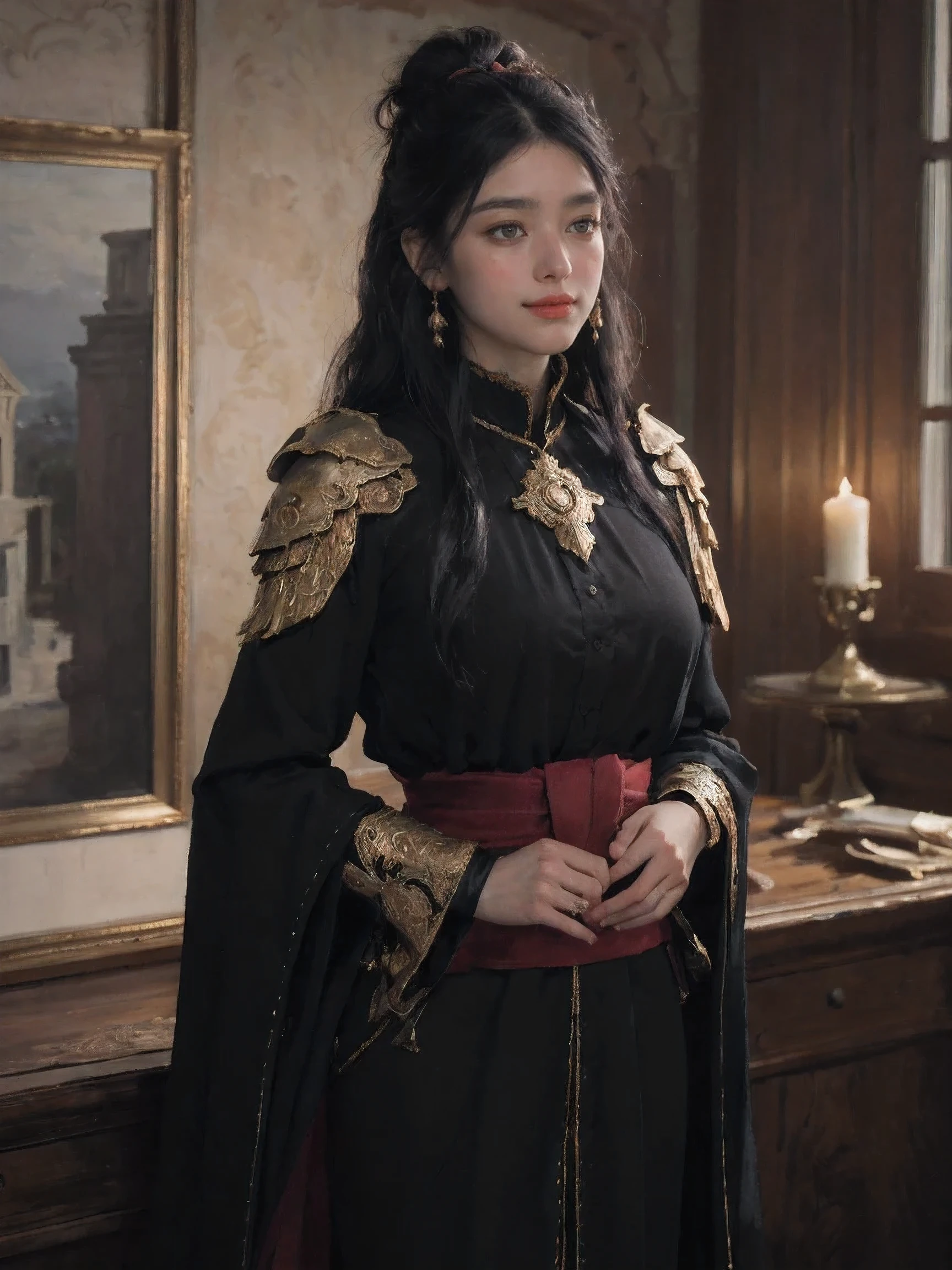 beautiful detailed background, octane rendering, 8k, best quality, masterpiece, illustration, extremely delicate and beautiful, detailed,extremely detailed,CG,Unite,wallpaper,Astonishing, Fine details, realistic art: 1.2 ,masterpiece, best quality, official art, extremely detailed CG Unite 8k wallpaper,1 girl, (((Long straight black hair,))), dark Knight,red eyes,pretty face, Upper body,(Black armor and red robe,) looking at the scenery, Realistic photos,evil smile,
(hiqcgbody) ,perfect female figure,earrings,Willow Yao, (looking at the scenery), Tempting,prestige,(fire,indoor,ruins)