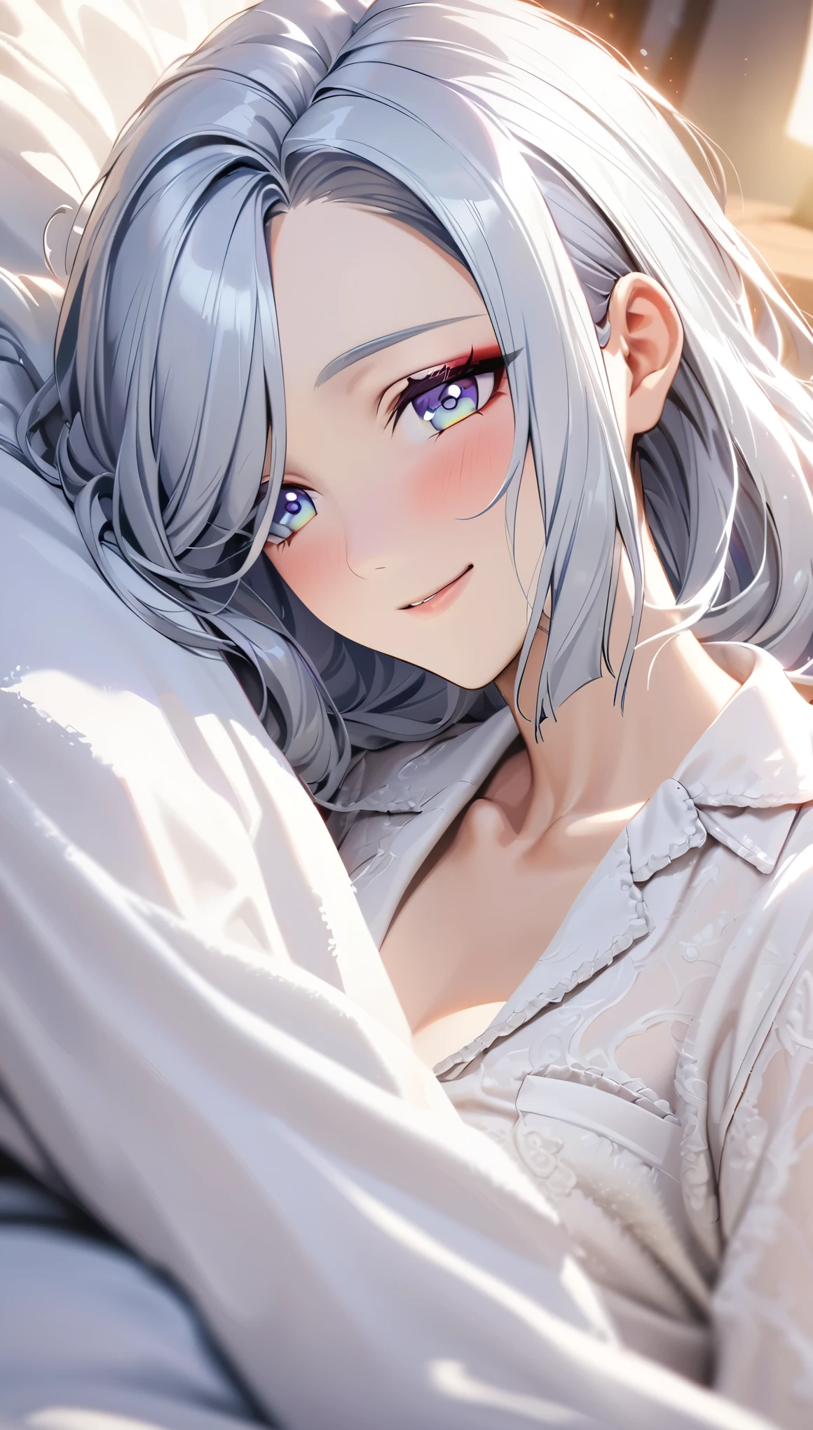 shenhe, long grey hair, beautiful face,smiling,close up to hips, moderate breast:1.1, laying on a bed,wearing white pajamas, (open mouth:0.4),illustration,detailed textures,ultra-detailed(realistic),portrait style,vivid colors,soft lighting. blushing, unbuttoned pajamas , pov hugging 