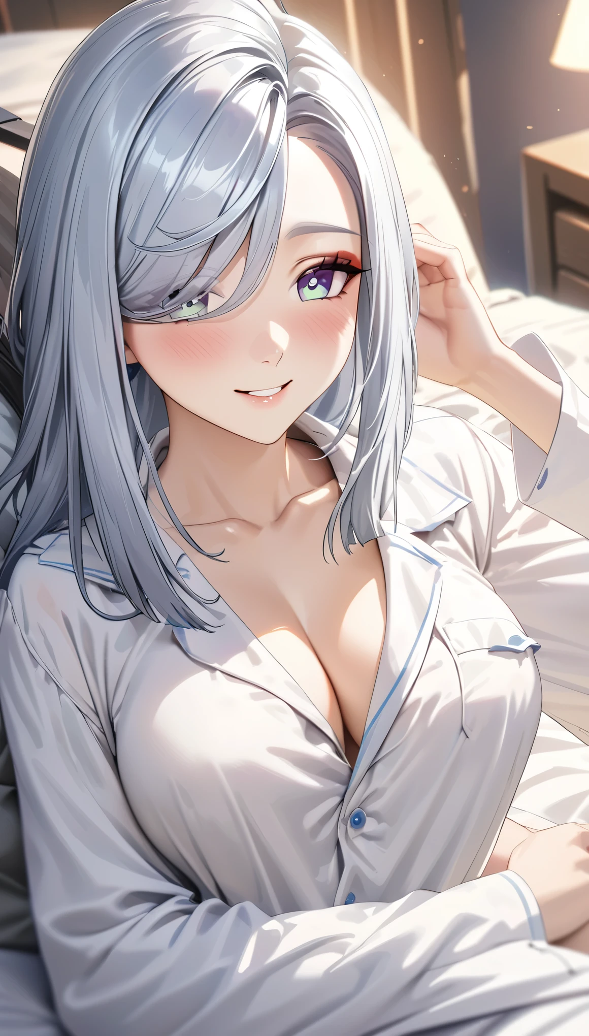 shenhe, long grey hair, beautiful face,smiling,close up to hips, moderate breast:1.1, laying on a bed,wearing white pajamas, (open mouth:0.4),illustration,detailed textures,ultra-detailed(realistic),portrait style,vivid colors,soft lighting. blushing, unbuttoned pajamas , pov hugging 