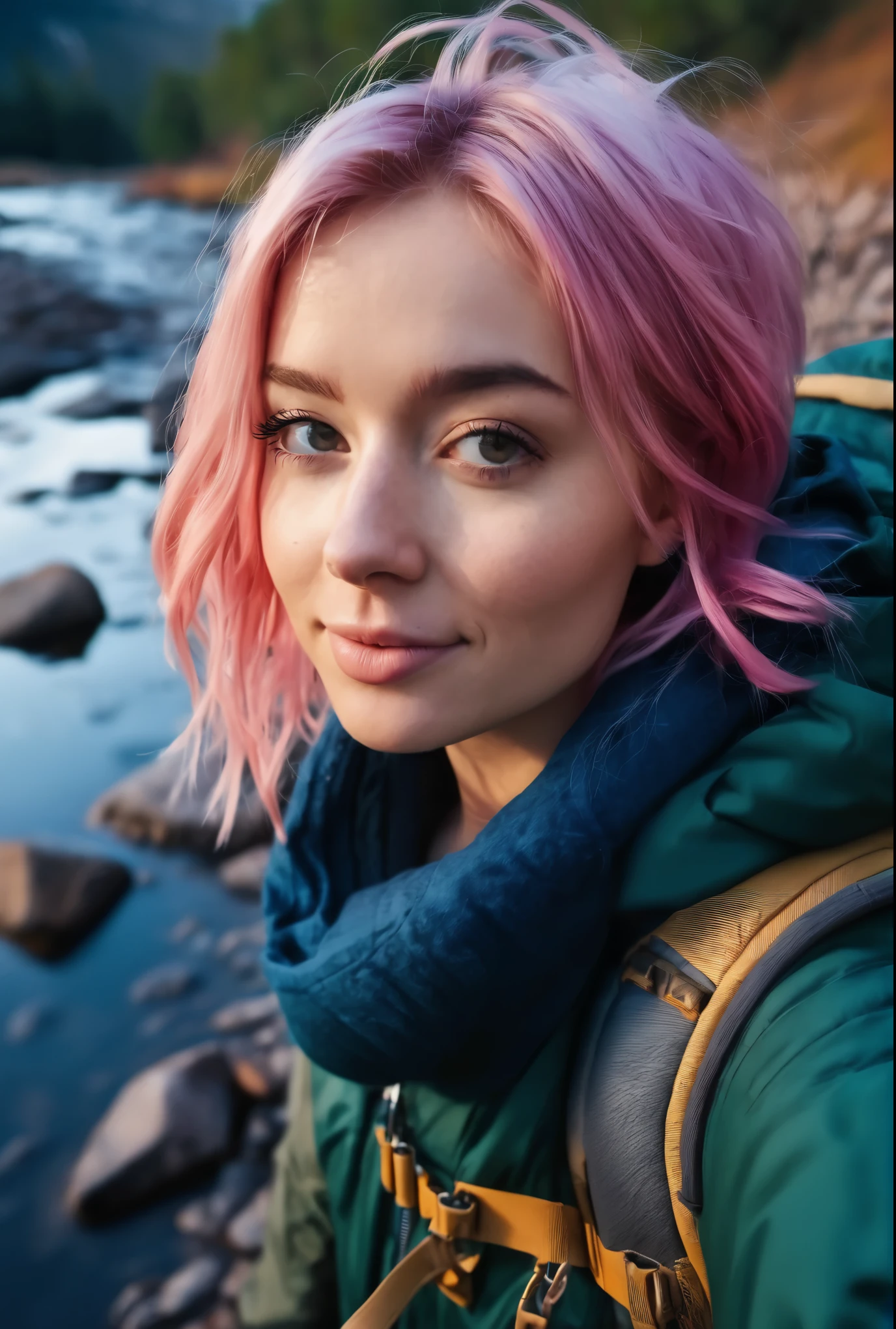 arafed woman with pink hair and a backpack sitting in bed in sexy pijamas, cute girl with short pink hair, with pink hair, color photograph portrait 4k, flowing pink hair, color portrait, soft portrait shot 8 k, selfie of a young woman, portrait shot, pink wispy hair, pink hair, long flowing pink hair, infp young woman