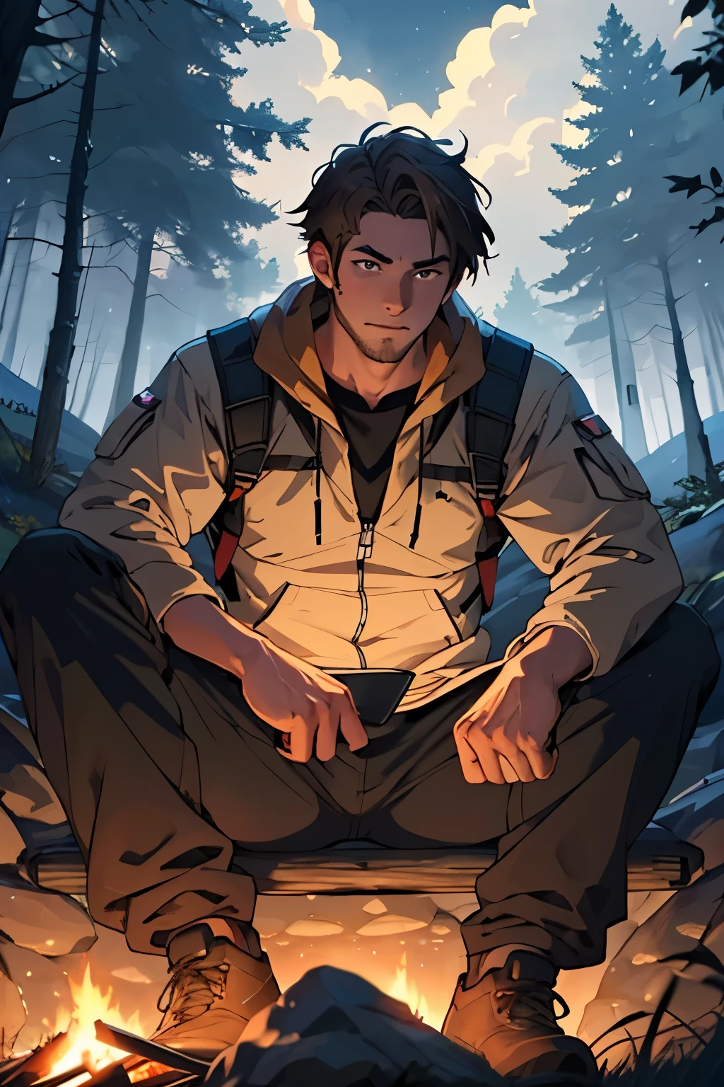 Anime - Ghilbi character, a 27 years old man sit in front of fire, camping, Cloudy, 4K, Ultra HD, 8K, good face, under the trees, forest, brown hair, night,
((best quality)), ((masterpiece)), (detailed),