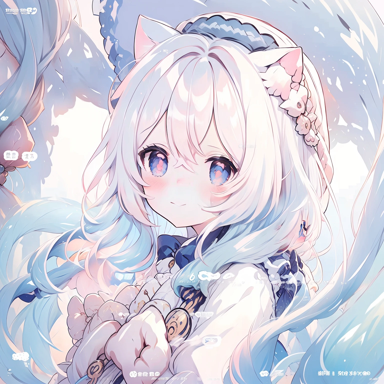 Blue eyes cat ears anime girl, cute anime cat girl, Anime cute art style, Anime visual of a cute girl, beautiful anime cat girl, cute anime girl, cat ears anime girl, white cat girl, nayarukosan, 非常美麗的anime cat girl, anime cat girl, White fur fox, small curve , Shikami