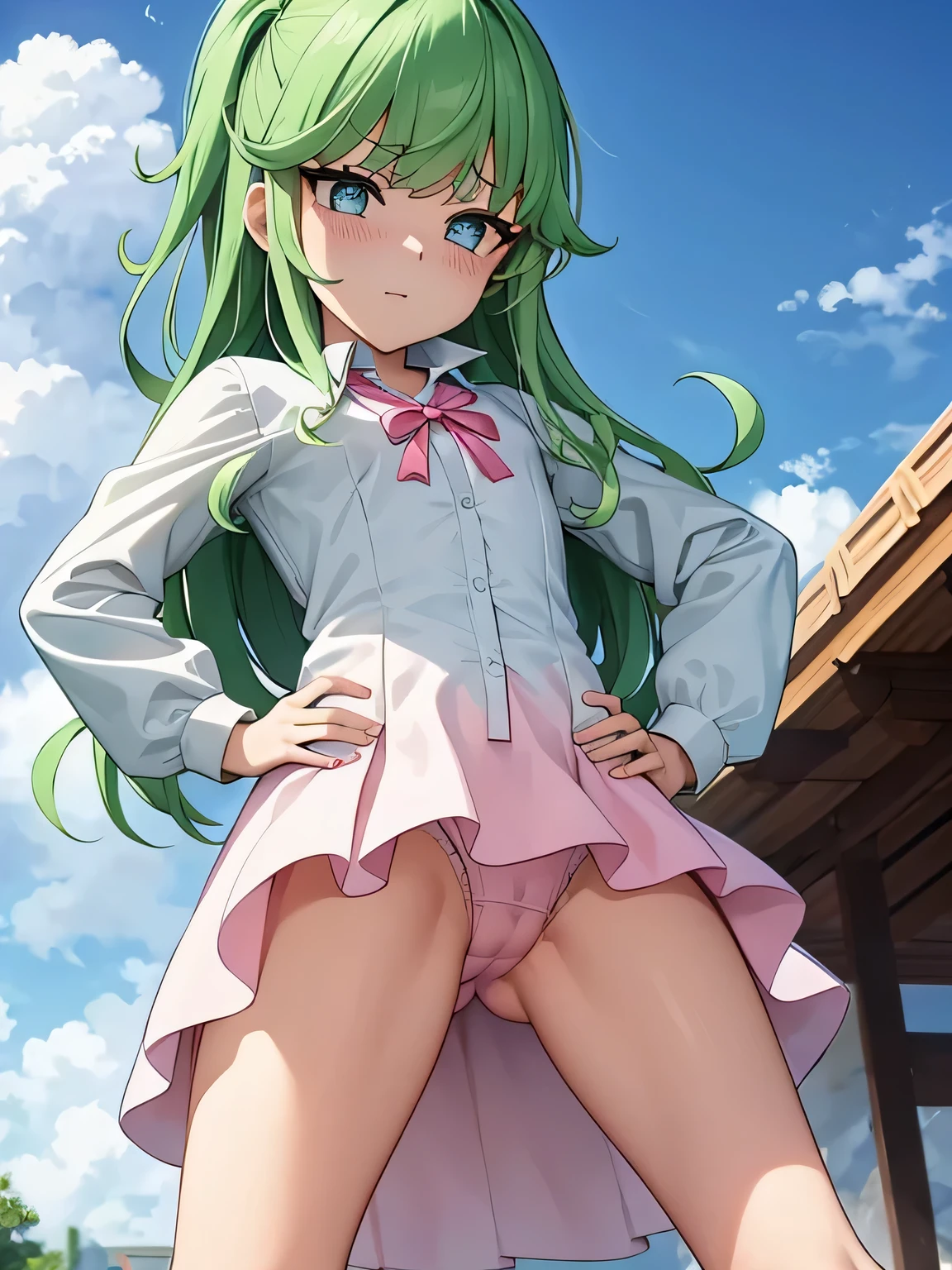highest quality、ultra high resolution、Professional specifications、green hair,green eyes、embarrassing、(collar),(lead)、(())、((flat chest))、medium hair、((The outline shines))、((stand with hands on hips:1.5))、((From under her feet:1.8))、small ass、((white panties))、school classroom、((10 old))、lolicon、(((spgs wide open)))、turned up skirt、panties close up、pink and white dress、Children's wear、red ribbon、(((Transparent)))、cat emphasis、open your mouth、彼女はパンティを見られるのがembarrassing、The man put hiface inside her skirt and kissed her pussy.、Although she was very shy, she shook her hips and was happy..、when his mouth sucked on my clit、she felt so good、I leaked pee.、She accepted the pleasure and rubbed her crotch against the man.'face.