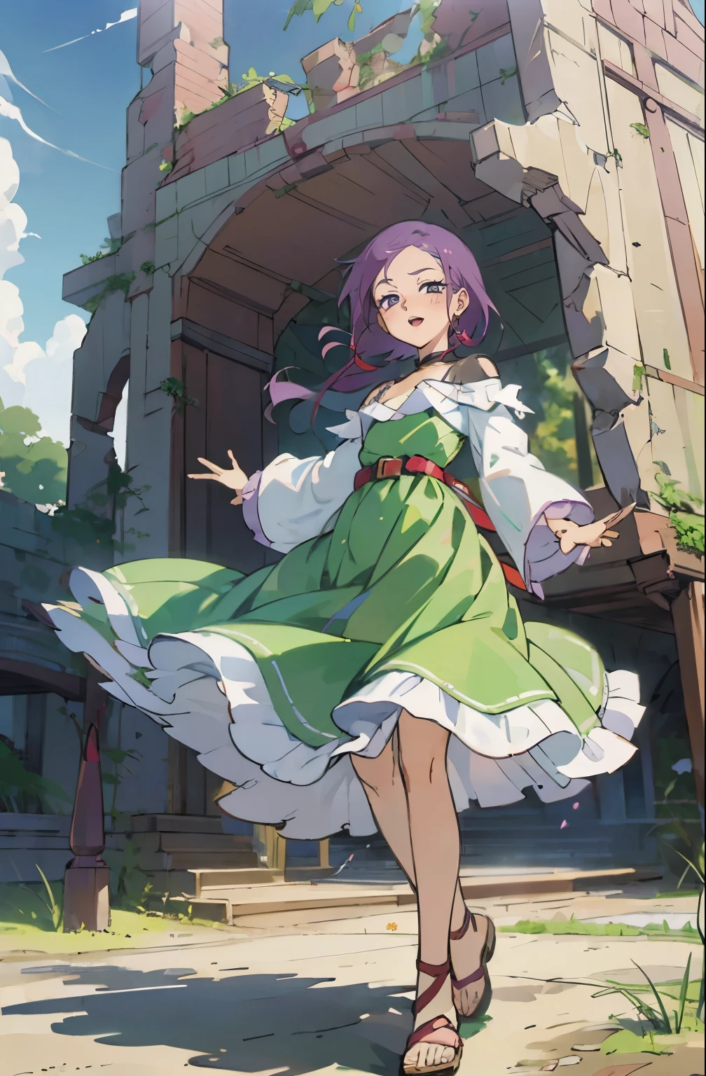 masutepiece, Best Quality, Ultra-detailed, kisho, jigokuraku, 1 girl, reddish Purple hair, Gray eyes, showa town, Ruins, Bang, Beautiful sky, shining sky, Sunshine, Smiling, Waving, Black Belt, black choker, 1 girl, purple hair, hair ribbon, fantasy world, ruins, fort, beautiful sky, shining sky, sunshine, smiling, waving, belt, choker, wind blowing dress, lace dress, earrings, off-shoulder sleeves, wool sweaters, Bare legged, Sandals, Brown sandals, gladiator sandals, Chest exposure, Lace underwear, Metamorphosis is exposed