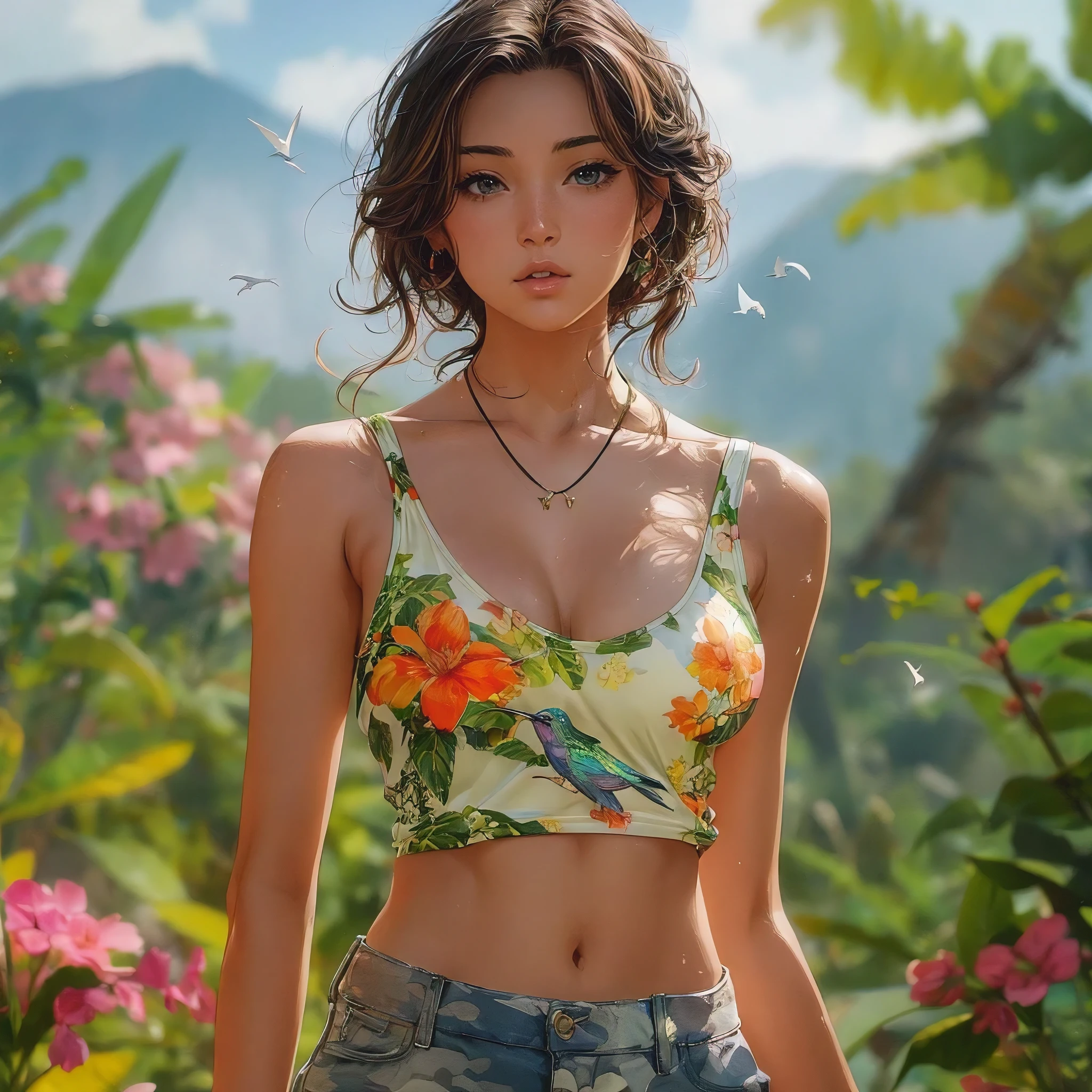 (best quality, masterpiece:1.2), anime style, an attractive woman wearing a hummingbird printed tank top, perfect body, huge breasts, wide hips, cute, perfect illustration, 8k, uhd, pbr, hdr