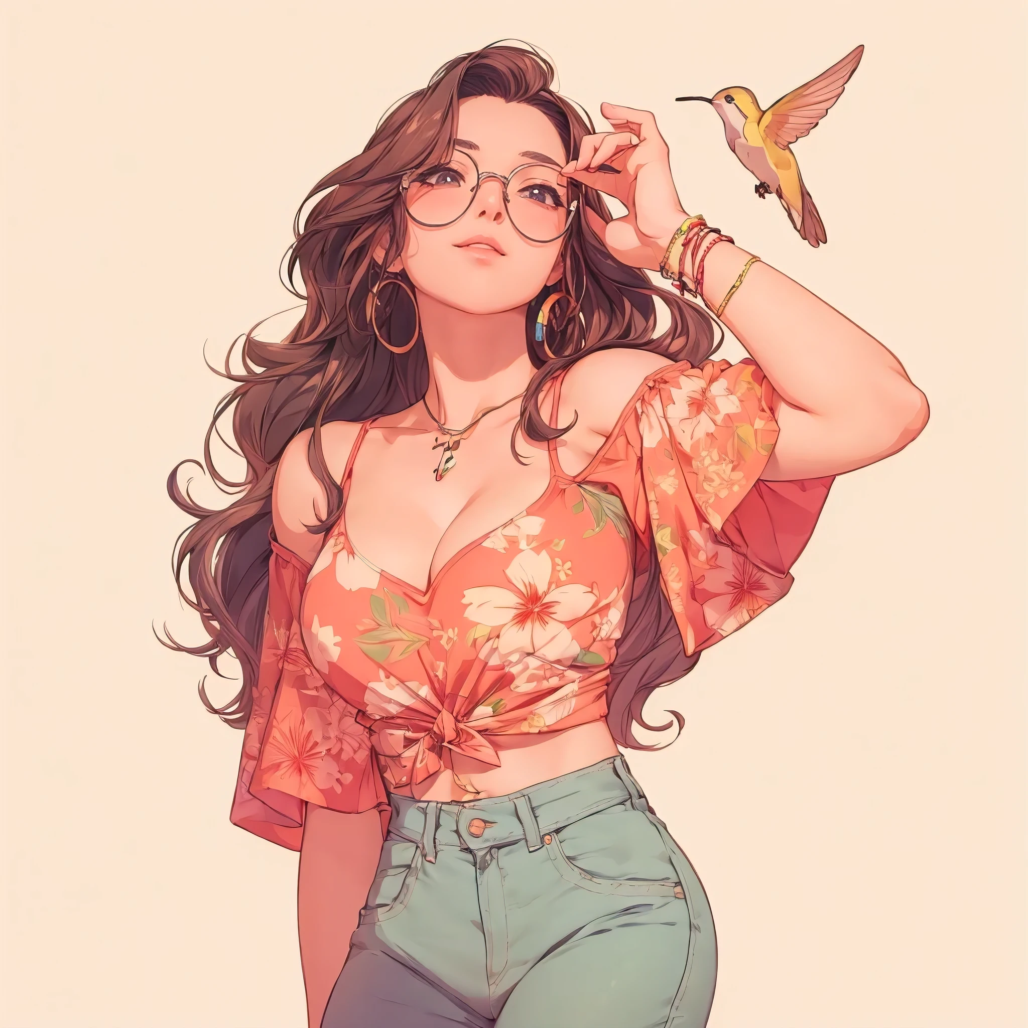 (best quality, masterpiece:1.2), anime style, an attractive woman wearing a hummingbird printed tank top, perfect body, huge breasts, wide hips, cute, perfect illustration, 8k, uhd, pbr, hdr