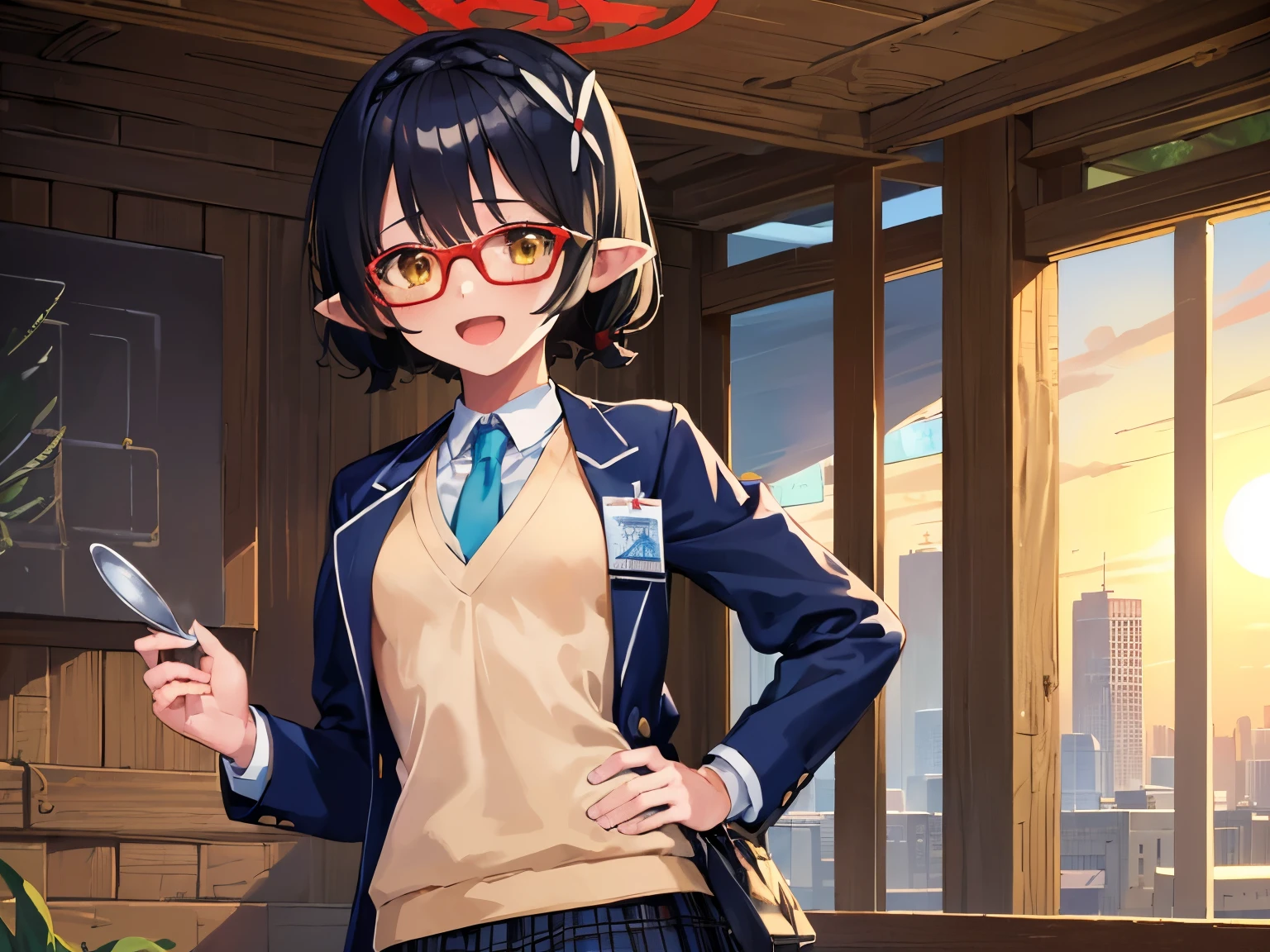 1girl, (((masterpiece))), top-quality, top-quality, High Details, masterpiece, best quality, ultra-detailed, 1girl, ayane, blue jacket, blazer, white shirt, pleated skirt, illustratio, comic strip, soothing tones, Subdued Color, Soft cinematic light, adobe lightroom, photolab, HDR, intricately and hyper-detailed、(((depth of fieldasterpiece)))。(((top-quality))).)((ultra-detailliert)))。(((illustratio)))。(((takeout))).dynamic focus.small breasts.(((canteen))).(((A school))).(((Face of happy))). open mouth.(((put hands on the hip))).(((up chest))).((morning glow)).((the setting sun)).