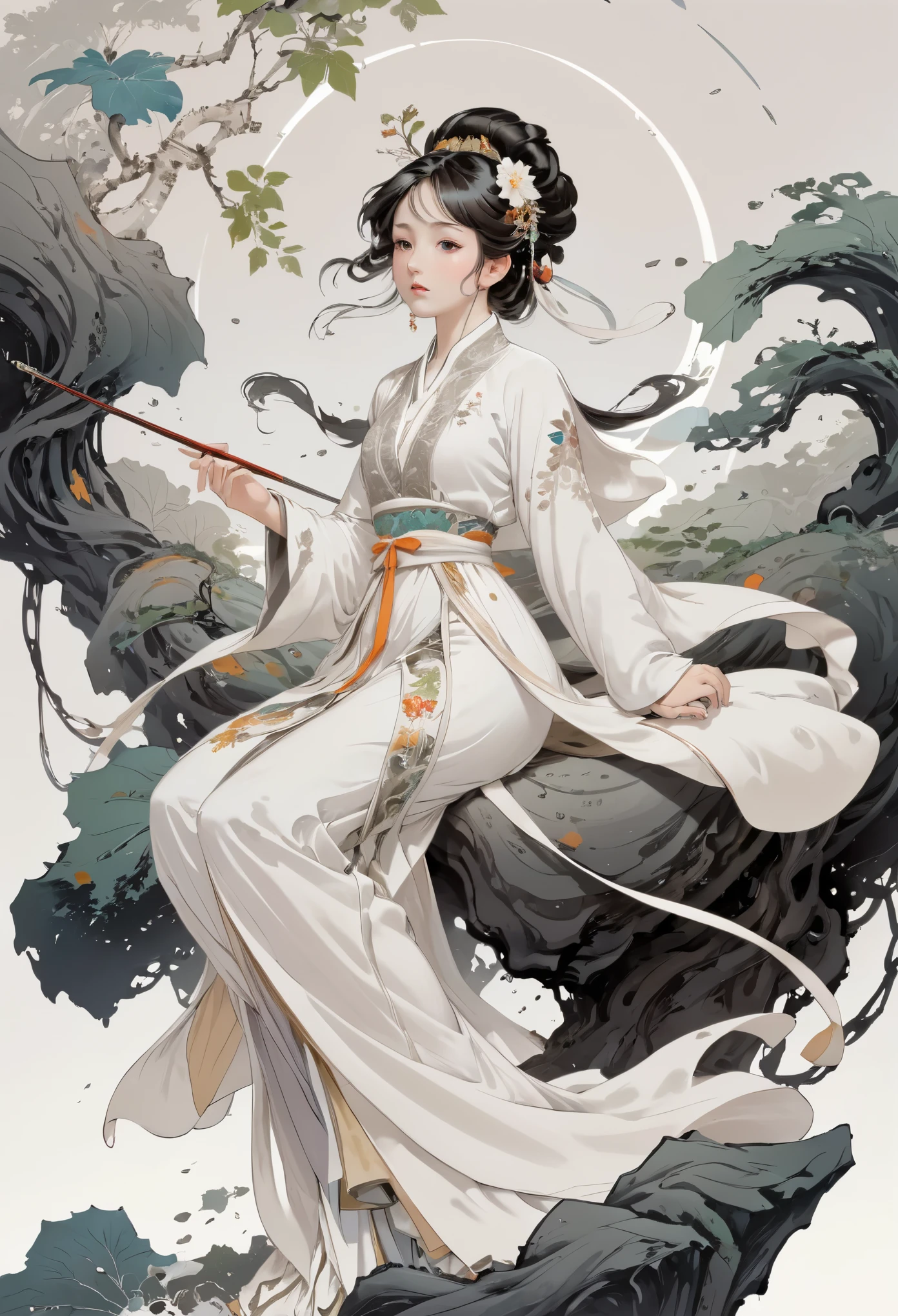 (1girl:1.4),solo, gorgeous， extreme detailed,(joshua middleton comic cover art:1.1), (Action 
painting:1.2),(concretism:1.2),(hypermaximalistic:1.5),colorful,highest detailed,white grey background, white hanfu, muted color， (masterpiece, top 
quality, best quality, official art, beautiful and aesthetic:1.2),