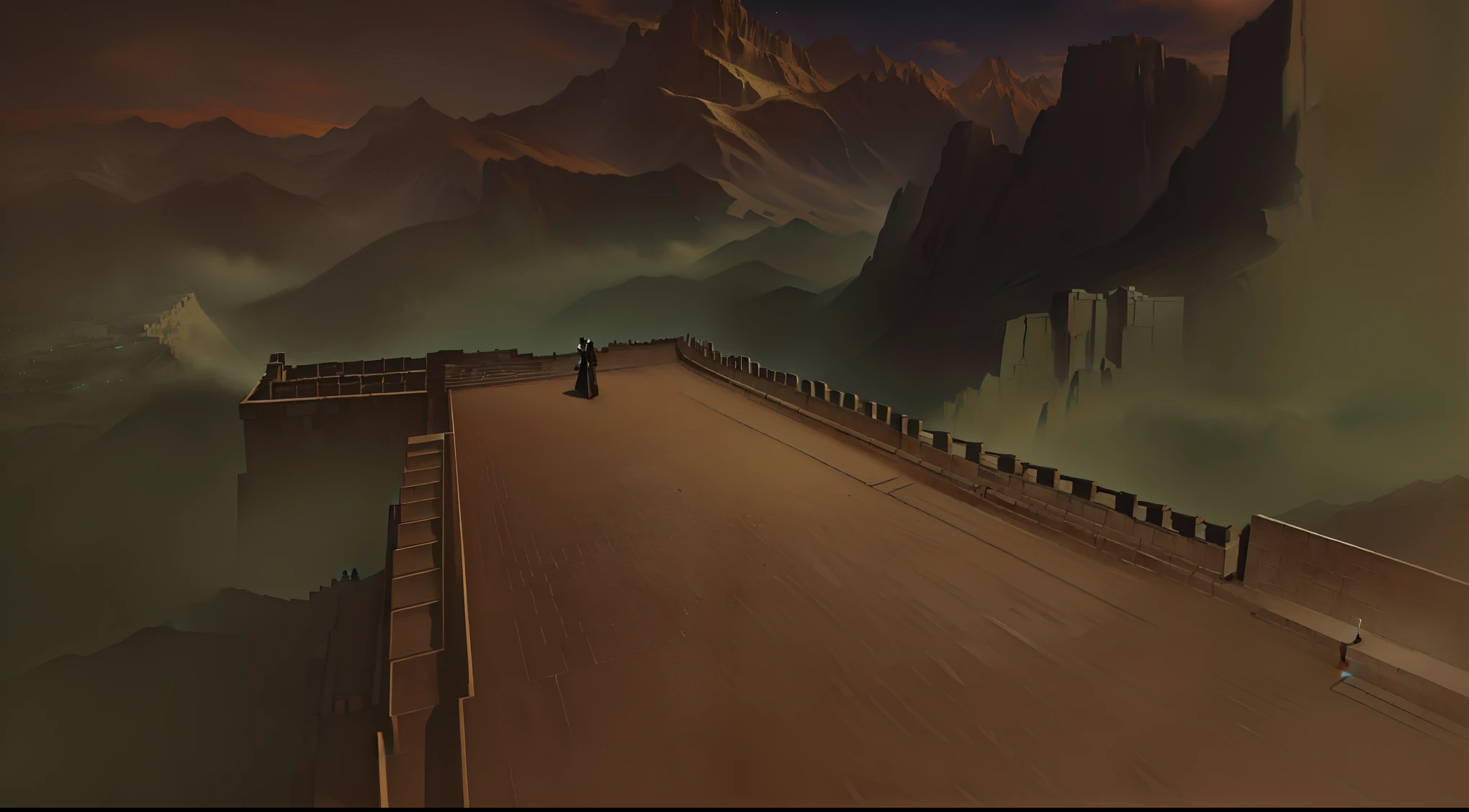 Standing on the ancient city wall，surrounded by mountains，No one in the screen，very grand，sad，