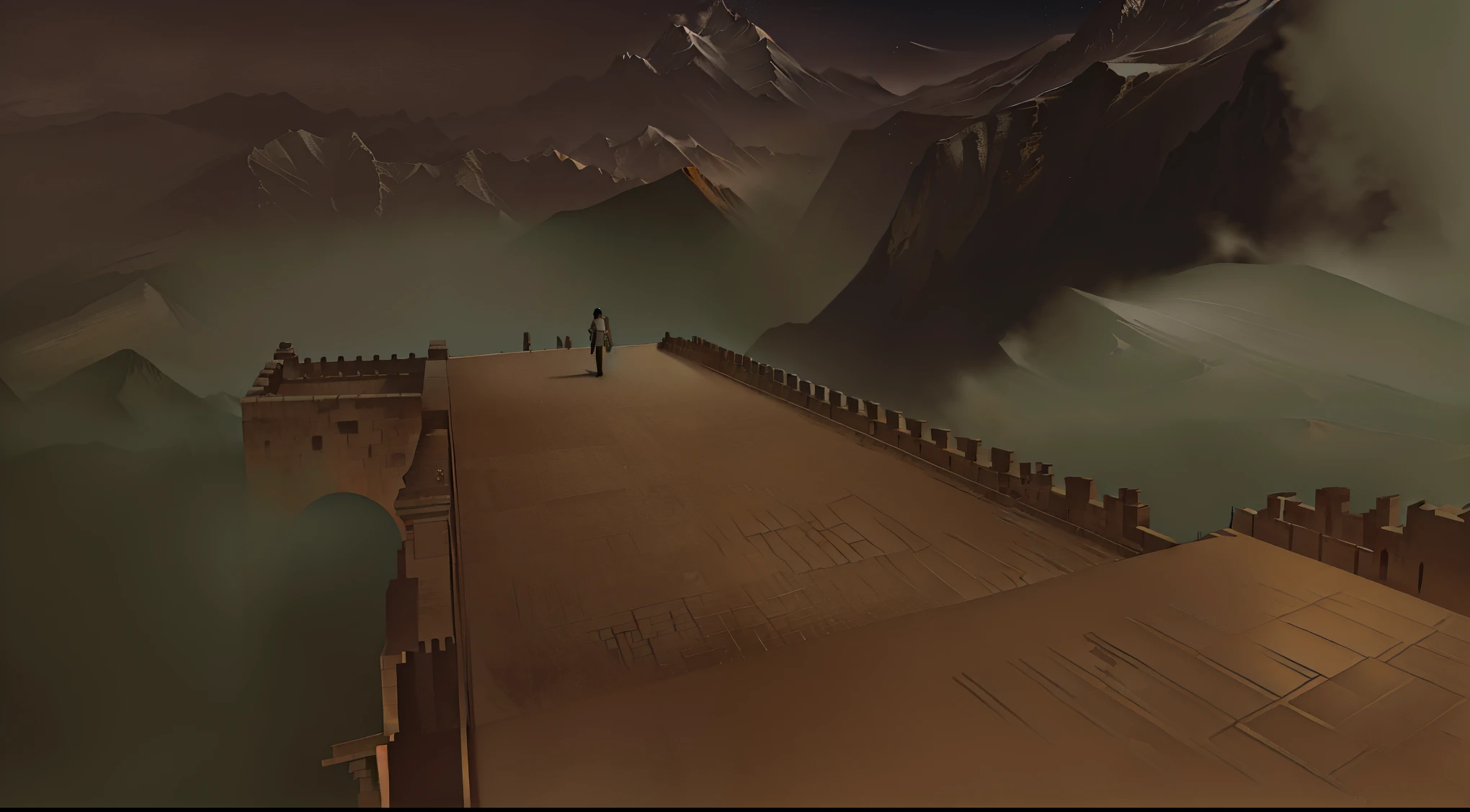 Standing on the ancient city wall，surrounded by mountains，No one in the screen，very grand，sad，