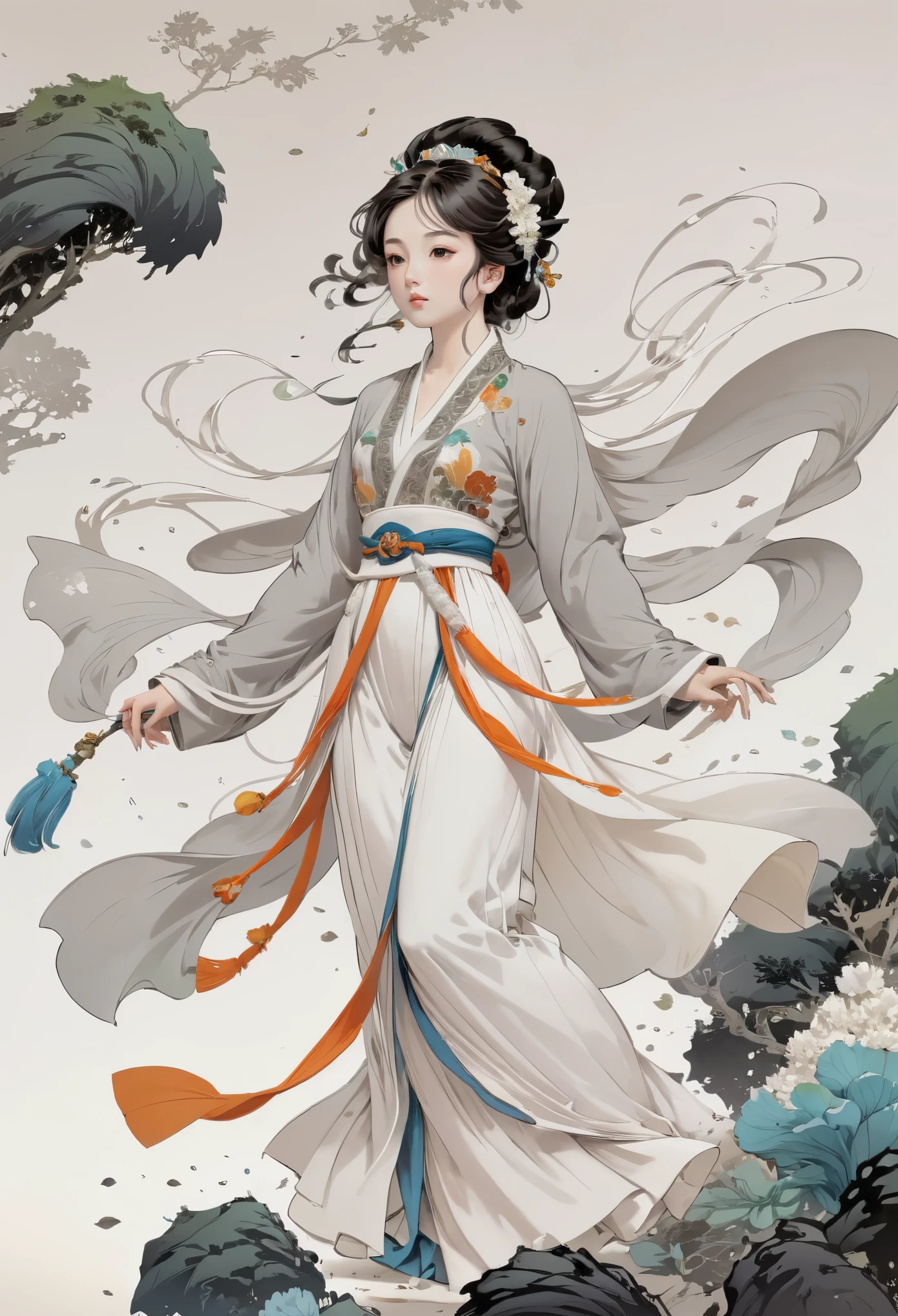 (1girl:1.4),solo, gorgeous， extreme detailed,(joshua middleton comic cover art:1.1), (Action 
painting:1.2),(concretism:1.2),(hypermaximalistic:1.5),colorful,highest detailed,white grey background, white hanfu, muted color， (masterpiece, top 
quality, best quality, official art, beautiful and aesthetic:1.2),