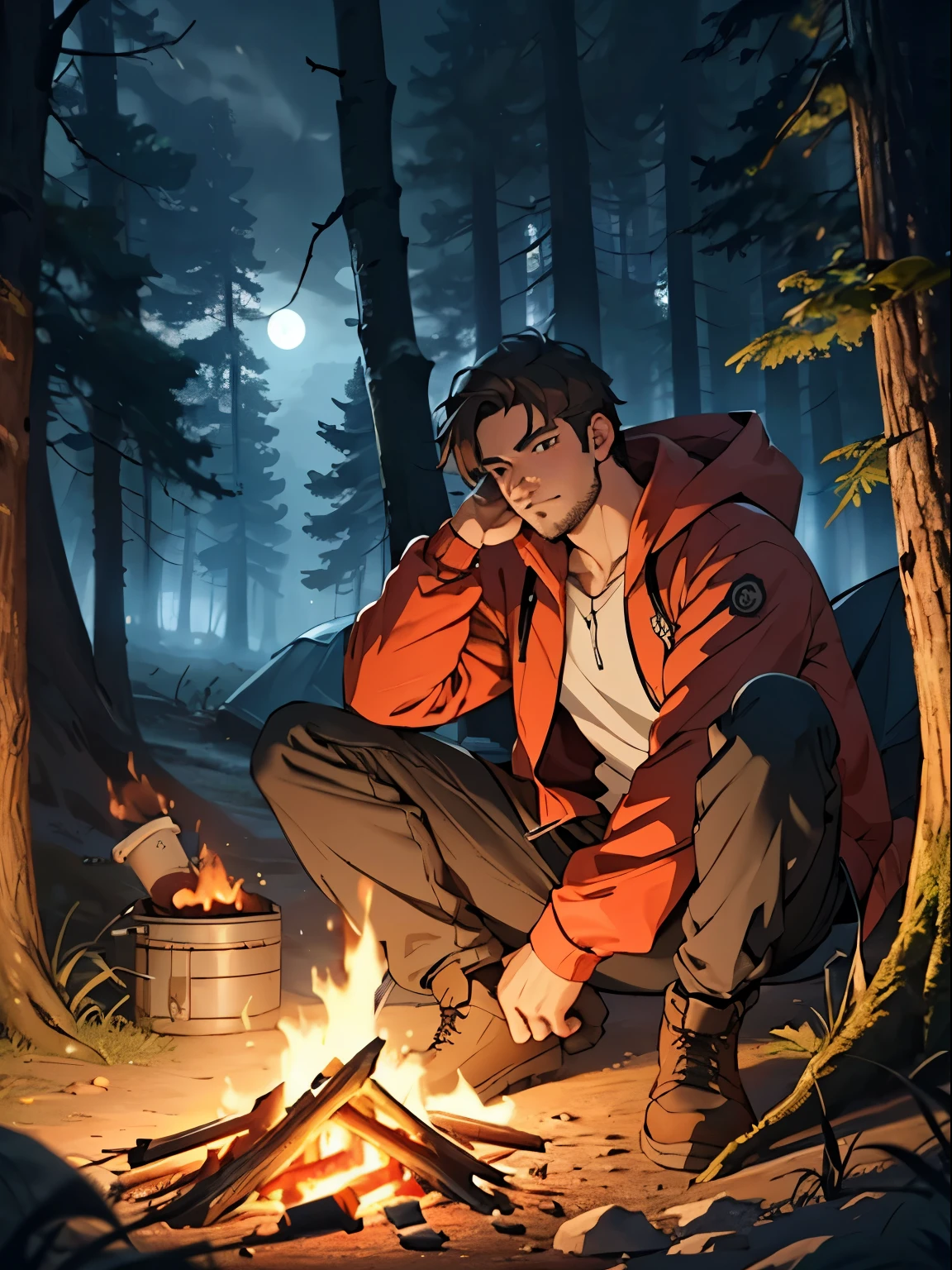 Anime - Ghilbi character, a 27 years old man sit in front of fire, camping, Cloudy, 4K, Ultra HD, 8K, good face, under the trees, forest, brown hair, night,
((best quality)), ((masterpiece)), (detailed),
