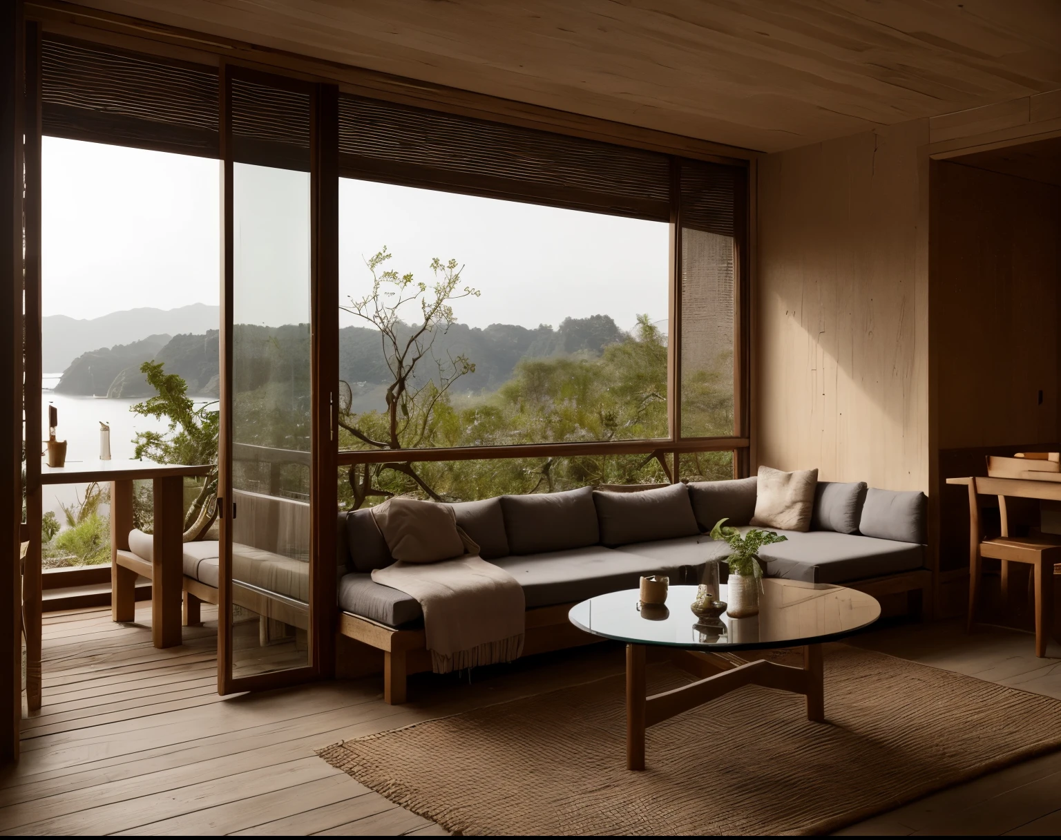 wabi sabi livingroom interior, large glass window, garden outside, dinning table and chải, couch, rough-hewn wood coffee table, sunrise morning, natural light, low contrast, cinematic,