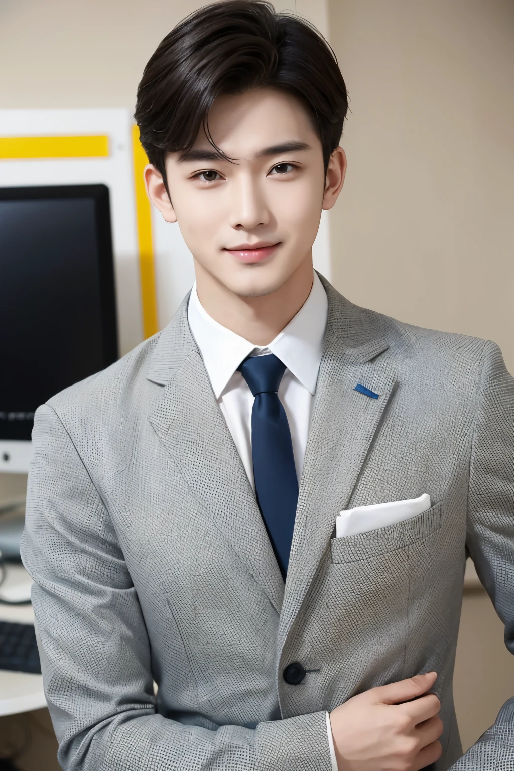 Boys in the workplace,Charismatic guy,Sunny and cheerful,Wear professional attire,Exquisite facial features,Good temperament