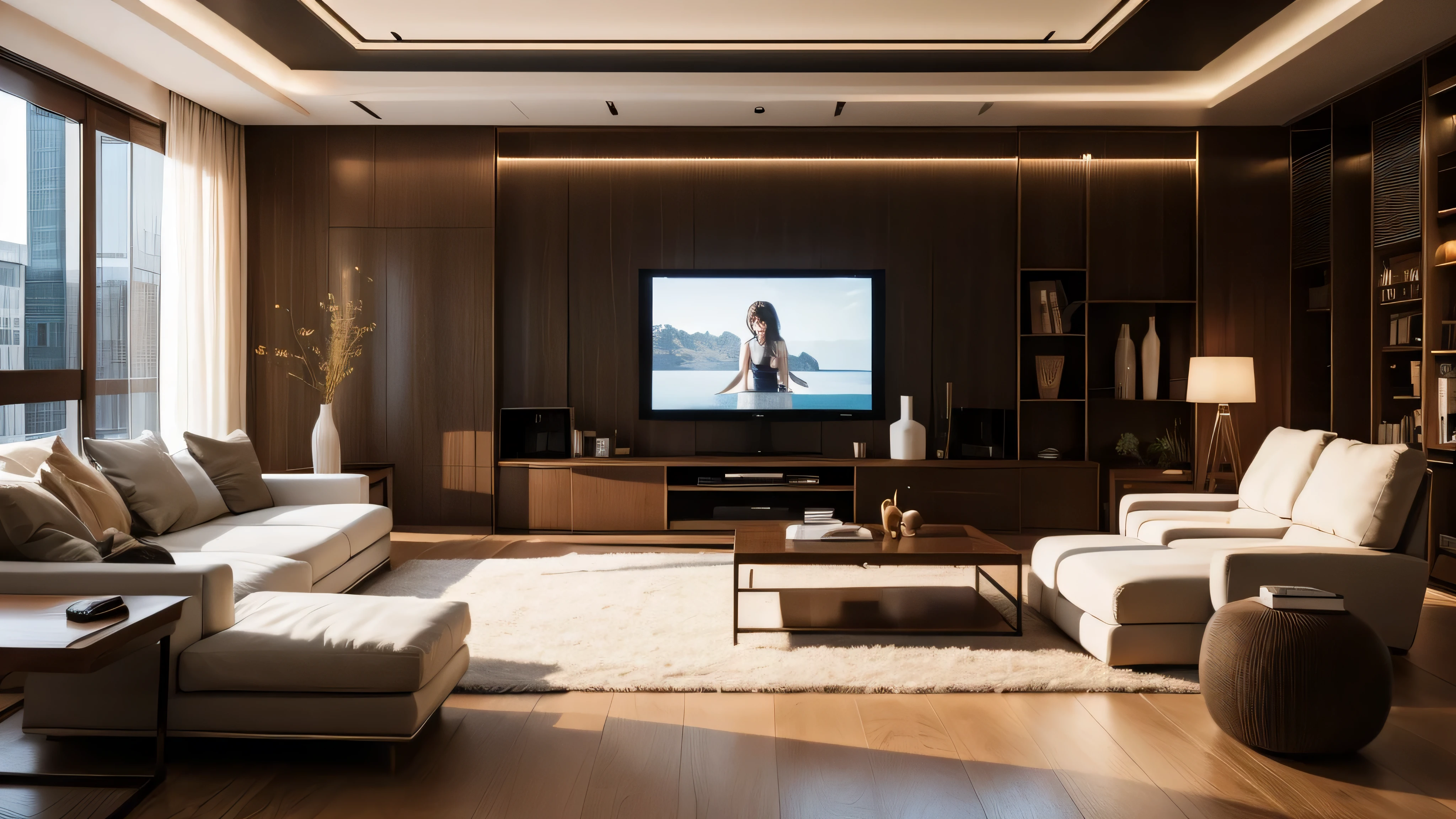 Close-up image of super large TV, SF style living room, speaker