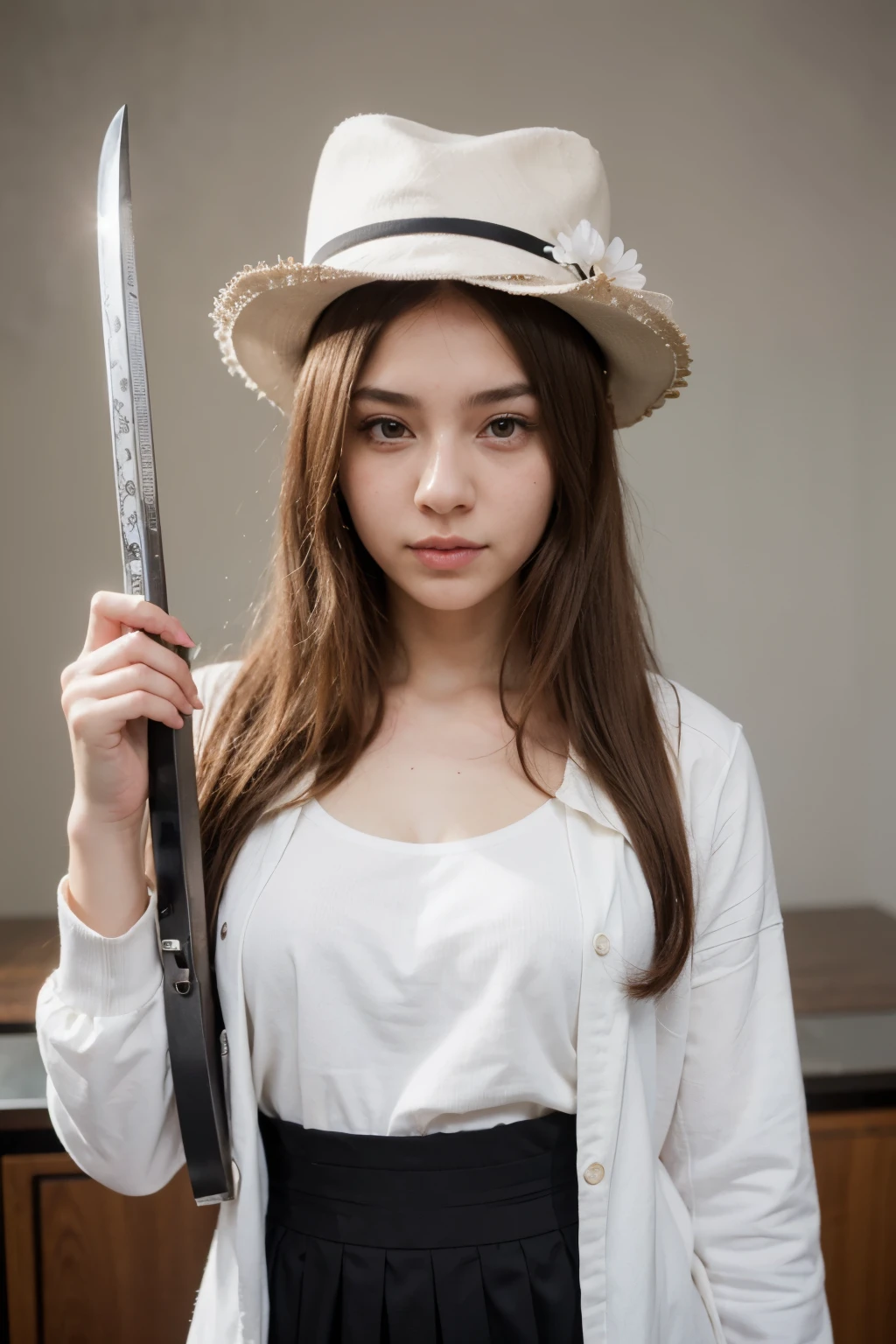 Anime girl with White Samurai Hat,Cute Face,white long Hair,Without Background,Full White Clothes And Holding Katana