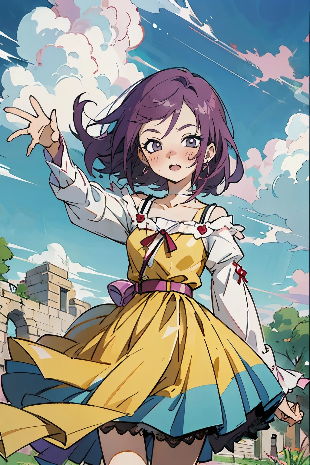 masutepiece, Best Quality, Ultra-detailed, kisho, jigokuraku, 1 girl, reddish Purple hair, Gray eyes, showa town, Ruins, Bang, Beautiful sky, shining sky, Sunshine, Smiling, Waving, Black Belt, black choker, 1 girl, purple hair, hair ribbon, fantasy world, ruins, fort, beautiful sky, shining sky, sunshine, smiling, waving, belt, choker, wind blowing dress, lace dress, earrings, off-shoulder sleeves, wool sweaters, Chest exposure, Lace underwear, Metamorphosis is exposed