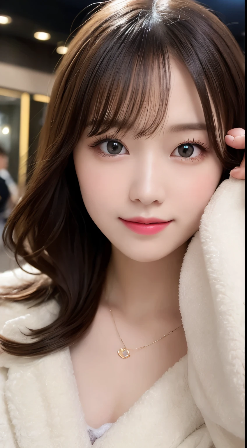 table top, highest quality, shape, Super detailed, finely, High resolution, 8k wallpaper, 完璧なダイナミックな構shape, beautiful and detailed eyes, Gorgeous and stylish black fluffy latest trend Tokyo winter clothes,ランダムなcute髪,small breasts,natural color lip, bold sexy pose,smile、20 year old girl、cute、sexy shot looking at camera,Always blur the background,perfect and beautiful face,Take only the face,beautiful and detailed face、slim face and style,Big eyes、do gal makeup,real photos、luxury brand mink coat