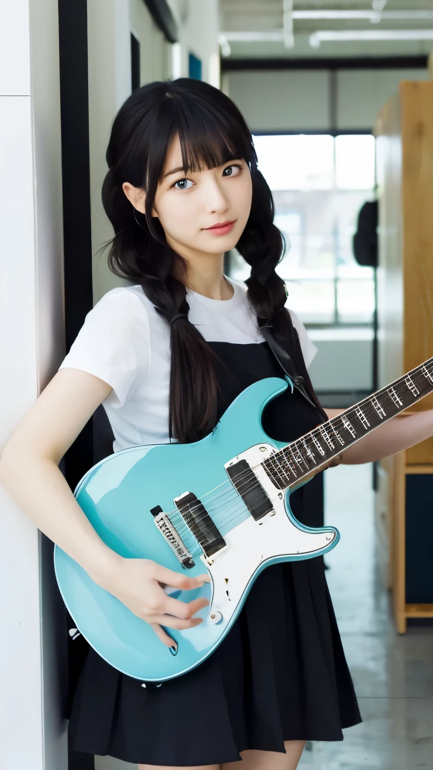Naoyuki Onda painting style((masterpiece、highest quality))Hatsune Miku、blue eyes、indoorHatsune Miku、1 girl、solo、black skirt、blue eyes、エレキguitar、guitar、headphones、holding、Hold Pick、meter、long hair、、music、one side up、teal hair、twin tails、guitarを弾く、pleated skirt、black shirt、indoor