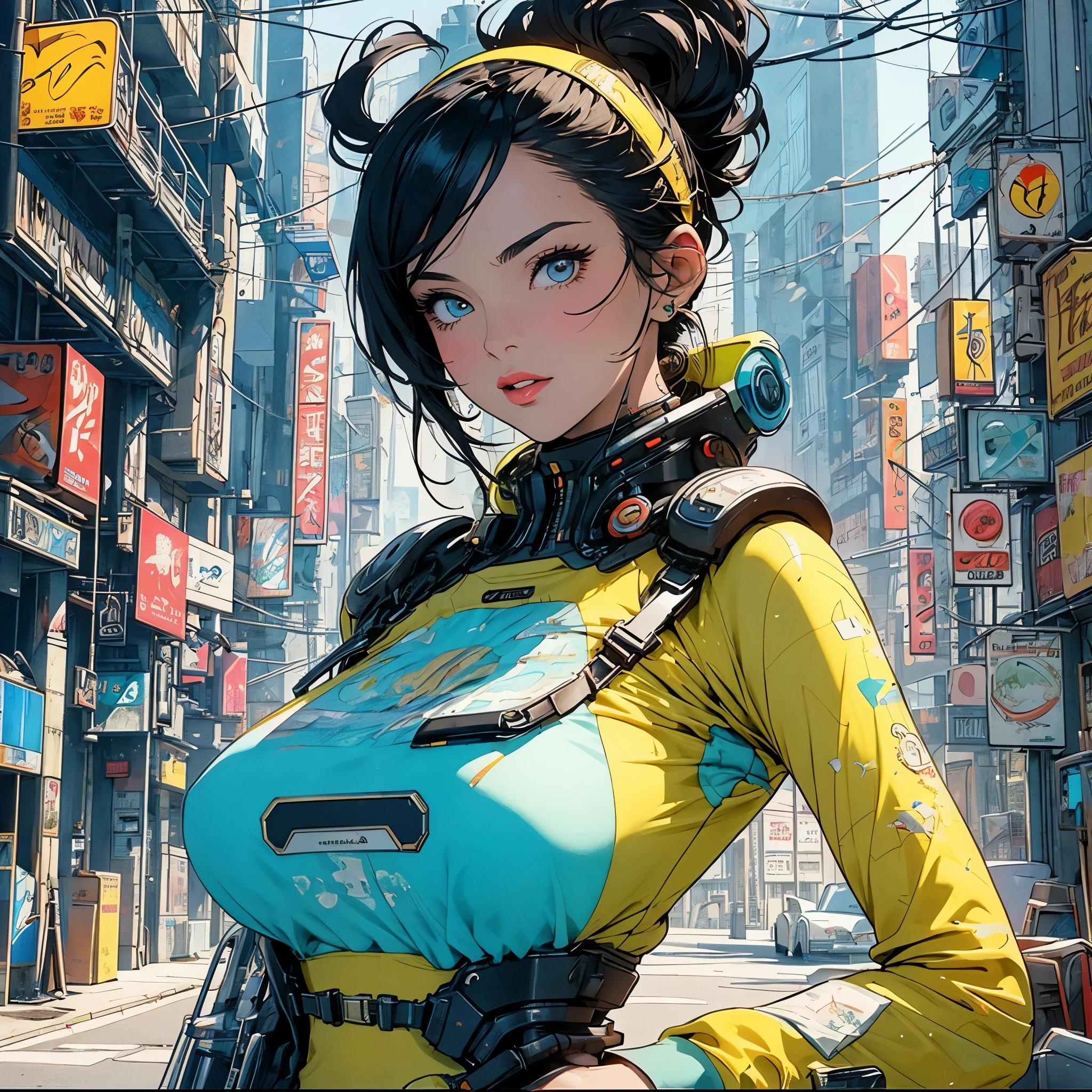 (masterpiece, highest quality), 32K,(highly detailed beautiful woman), poster,SF,1960s,1970s,bauhaus, shape, abstract,movie poster, vintage,retro,futuristic anime,ultimate map,highlight,highly detailed glowing eyes,cleavage,complicated pattern,Stylish hairstyle,fluorescence((yellow clothes)),Starry Sky,((Stylish cyberpunk street fashion)),breast enhancement,