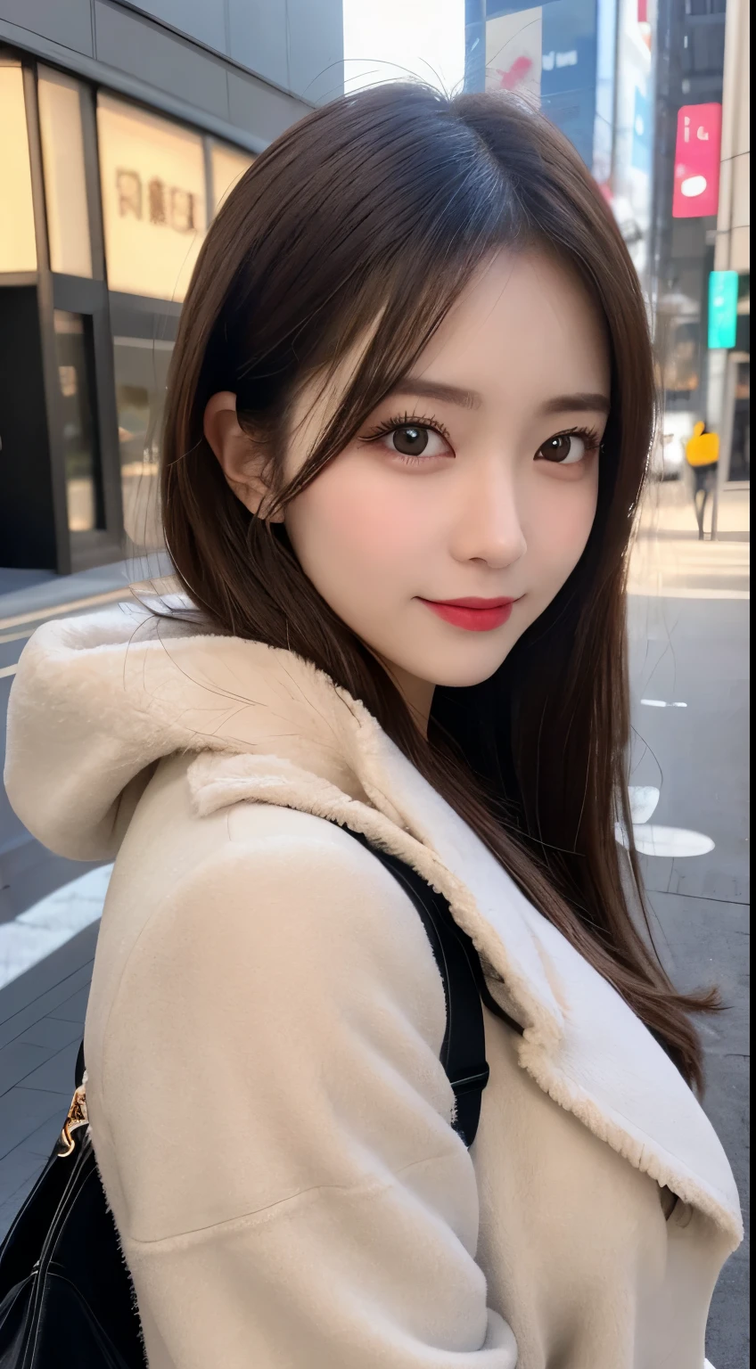 table top, highest quality, shape, Super detailed, finely, High resolution, 8k wallpaper, 完璧なダイナミックな構shape, beautiful and detailed eyes, Gorgeous and stylish black fluffy latest trend Tokyo winter clothes,ランダムなcute髪,small breasts,natural color lip, bold sexy pose,smile、20 year old girl、cute、sexy shot looking at camera,Always blur the background,perfect and beautiful face,Take only the face,beautiful and detailed face、slim face and style,Big eyes、do gal makeup,real photos、luxury brand mink coat
