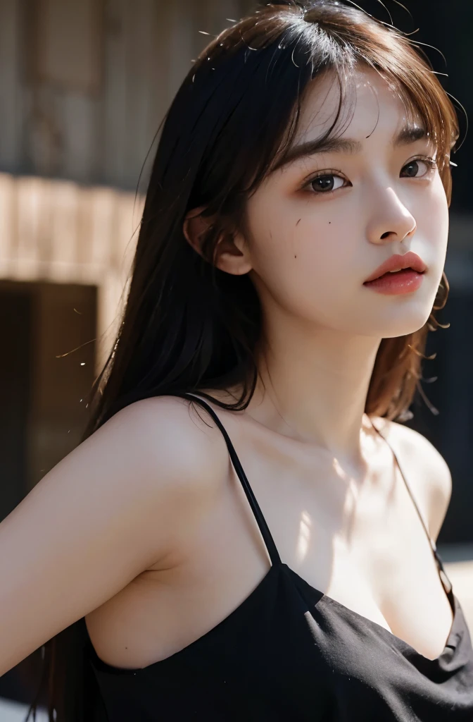 最好of品質,masterpiece,ultra high resolution,(Realism:1.4),RAW photos,1 girl,Off the shoulders,long hair,full breasts,face highlight,Full of girly feeling,18 years old,spaghetti straps,Black suspenders,Deep V big breasts,18 years old微笑女同学,of,(最好of品質,8k,masterpiece:1.3),Oval face,big eyes,long eyelashes,精美of(Realistic style),星星般of眼睛,ultimate face,逼真of光影,Clear facial features, fair and silky skin,白皙of皮肤, High detail skin, 逼真of皮肤细节, Visible pores,(Ultra-detailed),(完美of身材:1.1),(dynamic poses),((dynamic background((Volumetric light:1.3)),昏黄of灯光,bust
