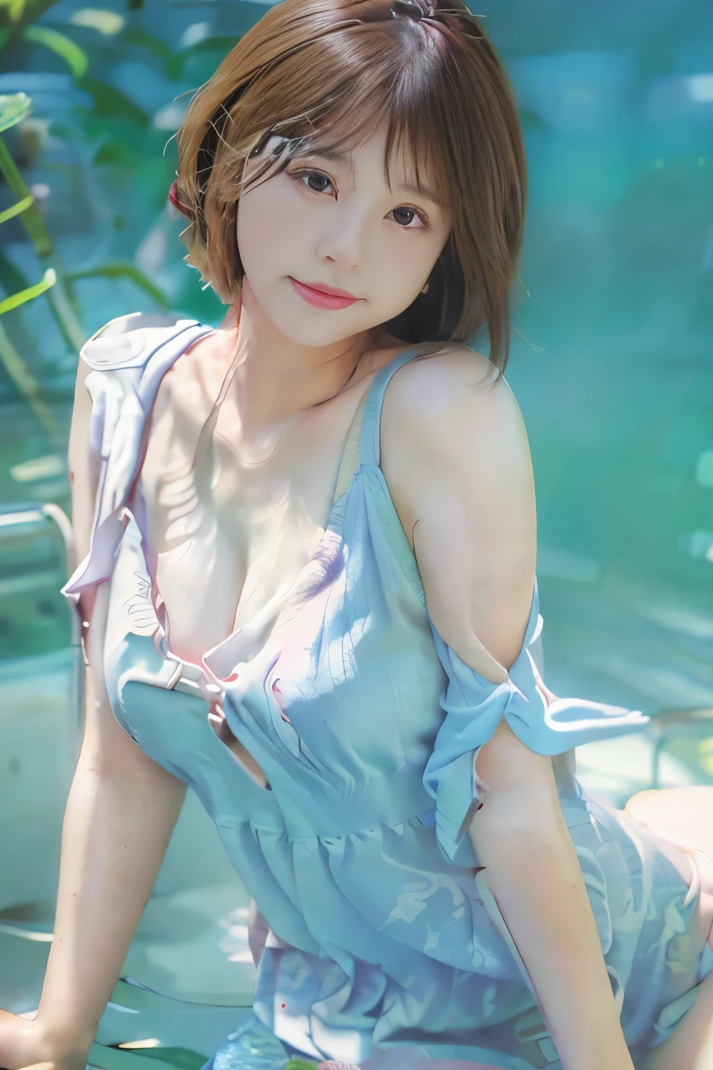 (8k, RAW photo, best quality, masterpiece:1.2), (realistic, photo-realistic:1.4), (extremely detailed 8k wallpaper), short hair, Looking at viewer, swimsuit, Curvy, cute girl