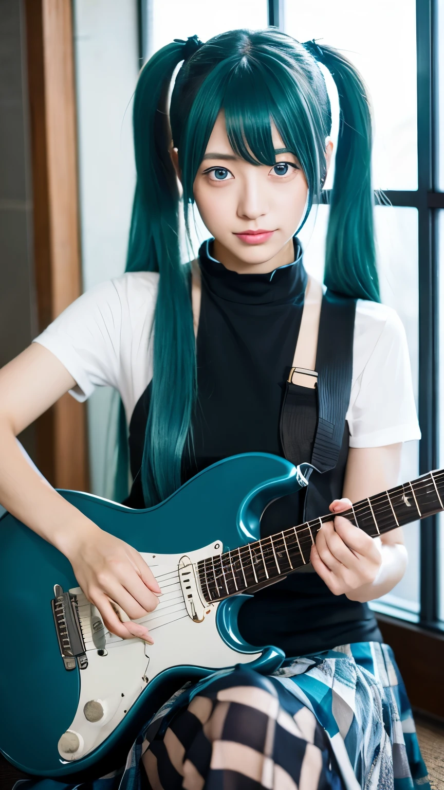 Naoyuki Onda character design((masterpiece、highest quality))Hatsune Miku、blue eyes、indoorHatsune Miku、1 girl、solo、black skirt、blue eyes、エレキguitar、guitar、headphones、holding、Hold Pick、meter、long hair、、music、one side up、teal hair、twin tails、guitarを弾く、pleated skirt、black shirt、indoor