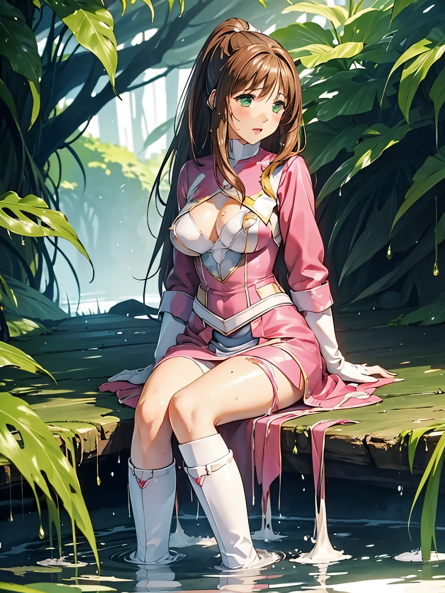 masterpiece, highest quality, High resolution, 8K, high resolution, Super detailed, 1 girl, (anatomically correct), complete limbs, full finger, 　Enamel pink long boots　wrinkled boots　enamel pink mini skirt　エナメルピンクのゴムgloves　enamel pink clothes　　tiara　gloves　　gold decoration　Costumes with fancy decorations　justice　　rubber boots　Embarrassed and crying expression　Watery eye　open mouth　Sitting on poop　full body picture　　long boots below the knee　ponytail　bare legs　nipple　Pee　Sweatだらけ　soaking wet　white water droplets dripping from panties　　steam　no sleeves　　Clothes that show your body line　soaking wetの服　My clothes are wet and my skin is visible　full body picture　Boots get dirty with white mucus　inside a dark cave　swamp of slime　Immersion in white mucus　Soak in a mire filled with white mucus　white mucus dripping from above　black pubic hair between crotches　  Yellow water flowing from the crotch　　spread your legs　Costume dripping with white mucus　Boots dripping with white mucus　Sweat　wet skin　A large amount of worms approaching　white mucus that sticks to clothes