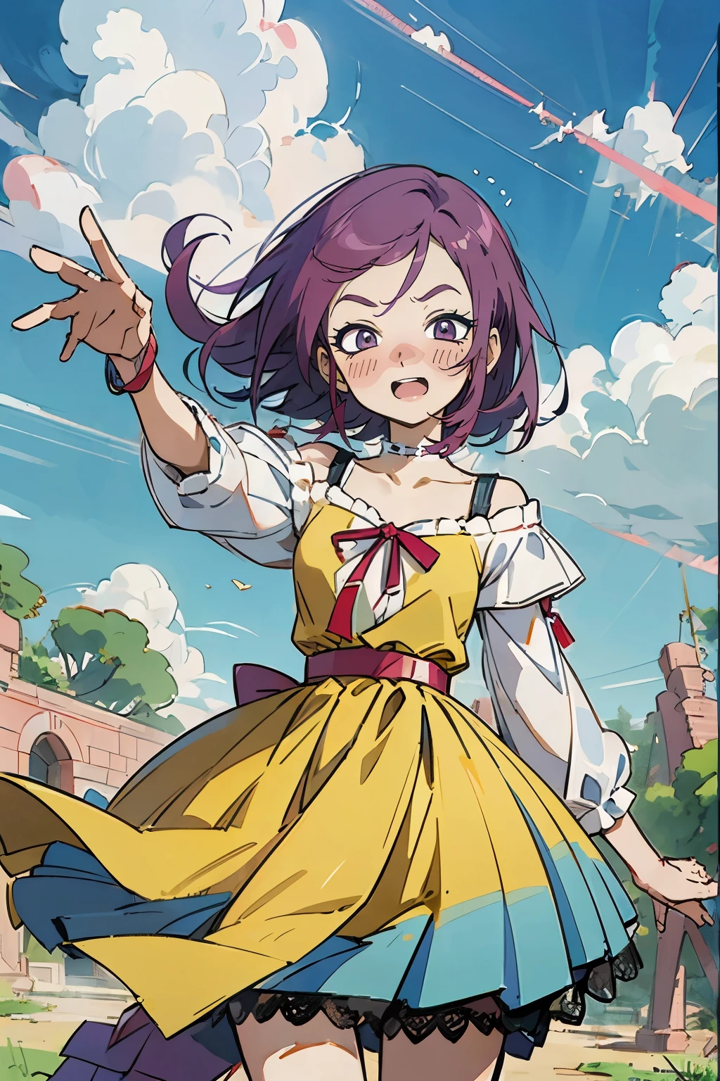 masutepiece, Best Quality, Ultra-detailed, kisho, jigokuraku, 1 girl, reddish Purple hair, Gray eyes, showa town, Ruins, Bang, Beautiful sky, shining sky, Sunshine, Smiling, Waving, Black Belt, black choker, 1 girl, purple hair, hair ribbon, fantasy world, ruins, fort, beautiful sky, shining sky, sunshine, smiling, waving, belt, choker, wind blowing dress, lace dress, earrings, off-shoulder sleeves, wool sweaters, Chest exposure, Lace underwear, Metamorphosis is exposed