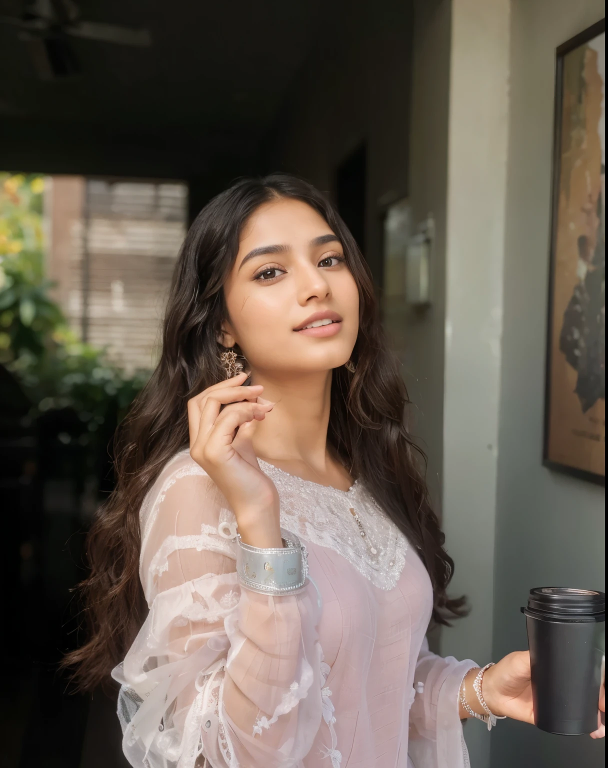 Beautiful ,23 years young Indian girl healthy, confidential looking,8k,realistic, raw photo,dark brown hair,fair skin, indian,long hair,clear facial features,, very detailed, 23years old, innocent face, natural wavy hair, high resolution, masterpiece, best quality, intricate details, highly detailed, sharp focus, detailed skin, realistic skin texture, texture, detailed eyes, professional, 4k, charming smile, shot on Canon, 85mm, shallow depth of field, kodak vision color, perfect fit body, extremely detailed, foto_\(ultra\), photorealistic, realistic, post-processing, maximum detail, roughness, real life, ultra realistic, photorealism, photography, 8k uhd, photography, black hair