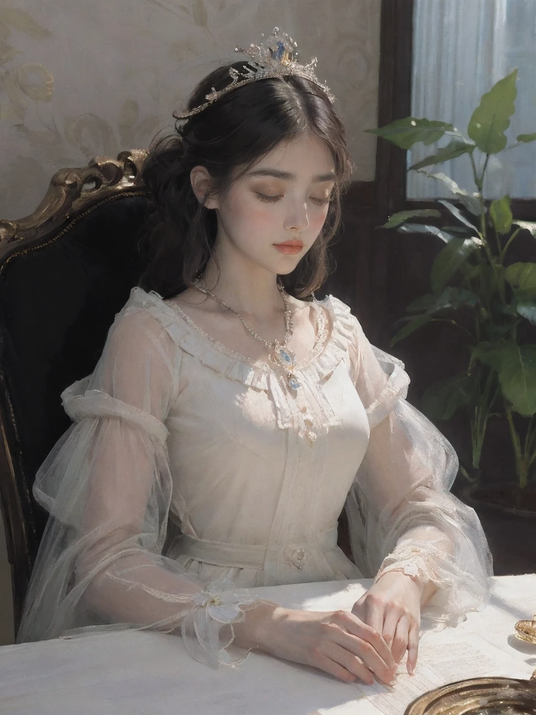 (masterpiece:1.2), best quality, (illustration:1.2), (Super detailed), Super details, (Delicate and meticulous), (intricate details), (movie lighting, best quality Backlights), clear lines, from below, women only, Perfect body, (1 girl), white hair, glowing yellow eyes, (emperor, black see through clothes),(crown:1.1), sit on the throne, Close your eyes slightly, look down, Turn around, ( Shy:1.2), ((cosmetics)), high contrast, (best lighting, extremely delicate and beautiful), ((movie lighting)), rich and colorful,