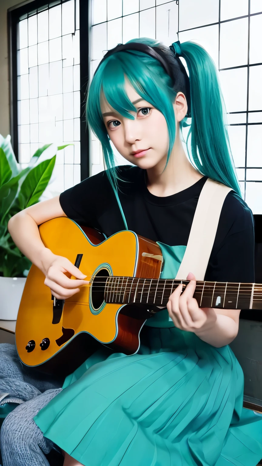An illustration、Naoyuki Onda painting style((masterpiece、highest quality))Hatsune Miku、blue eyes、indoorHatsune Miku、1 girl、solo、black skirt、blue eyes、エレキguitar、guitar、headphones、holding、Hold Pick、meter、long hair、、music、one side up、teal hair、twin tails、guitarを弾く、pleated skirt、black shirt、indoor