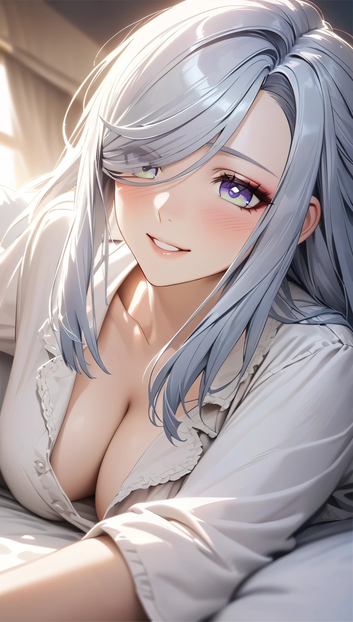 shenhe, long grey hair, beautiful face,smiling,close up to hips, moderate breast:1.1, laying on a bed,wearing white pajamas, (open mouth:0.4),illustration,detailed textures,ultra-detailed(realistic),portrait style,vivid colors,soft lighting. blushing, unbuttoned pajamas , no bras, pov hugging 