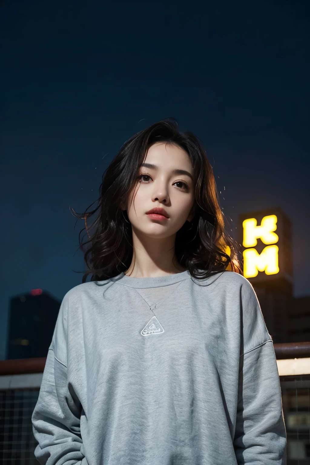 1girl, beautiful, wavy hair, almond eyes, no make up, grey sweatshirt, oversize_shirt, in front of fence, night city, cyberpunk vibes, close up, (from below:1.2), (photorealistic:1.2), (ultra realistic:1.3), (very detailed:1.1), ((masterpiece)),