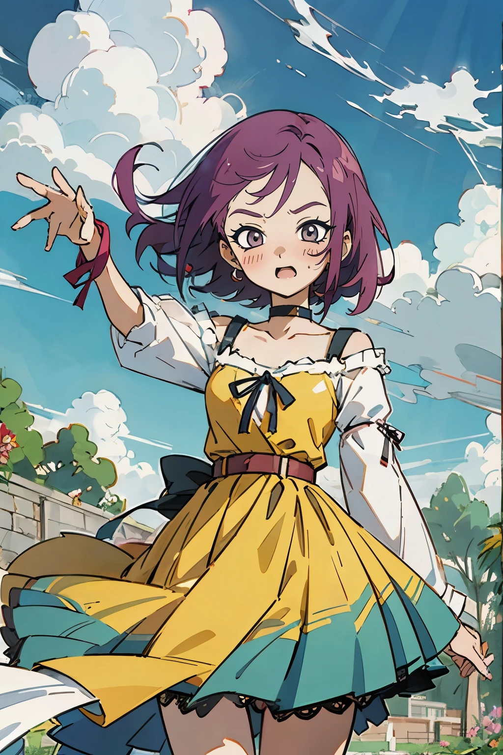 masutepiece, Best Quality, Ultra-detailed, kisho, jigokuraku, 1 girl, reddish Purple hair, Gray eyes, showa town, fantasy world, ruins, fort, beautiful sky, shining sky, sunshine, waving, hair ribbon, belt, choker,  black choker, wind blowing dress, lace dress, earrings, off-shoulder sleeves, wool sweaters, Chest exposure, Lace underwear, Metamorphosis is exposed