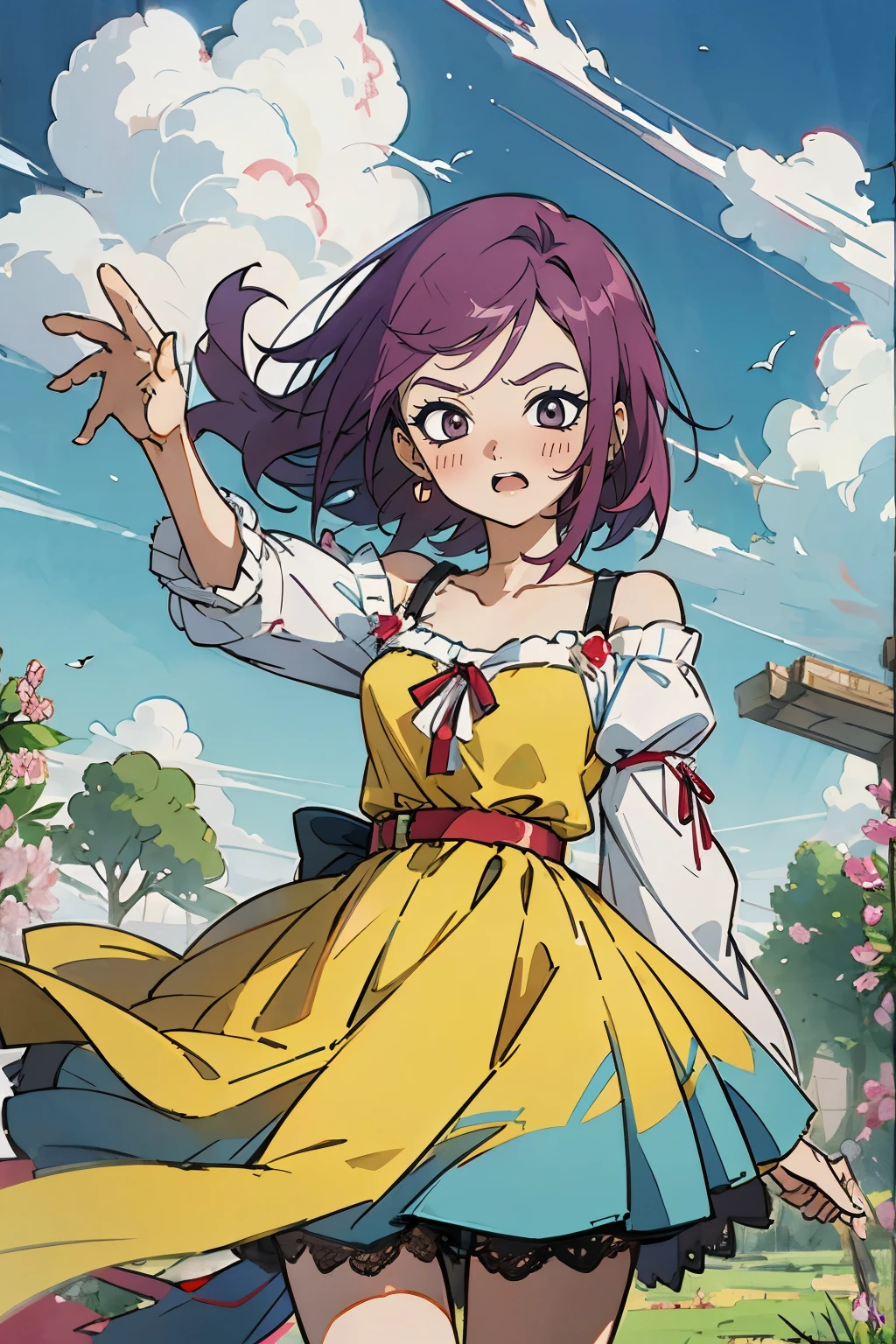 masutepiece, Best Quality, Ultra-detailed, kisho, jigokuraku, 1 girl, reddish Purple hair, Gray eyes, showa town, fantasy world, ruins, fort, beautiful sky, shining sky, sunshine, waving, hair ribbon, belt, choker,  black choker, wind blowing dress, lace dress, earrings, off-shoulder sleeves, wool sweaters, Chest exposure, Lace underwear, Metamorphosis is exposed