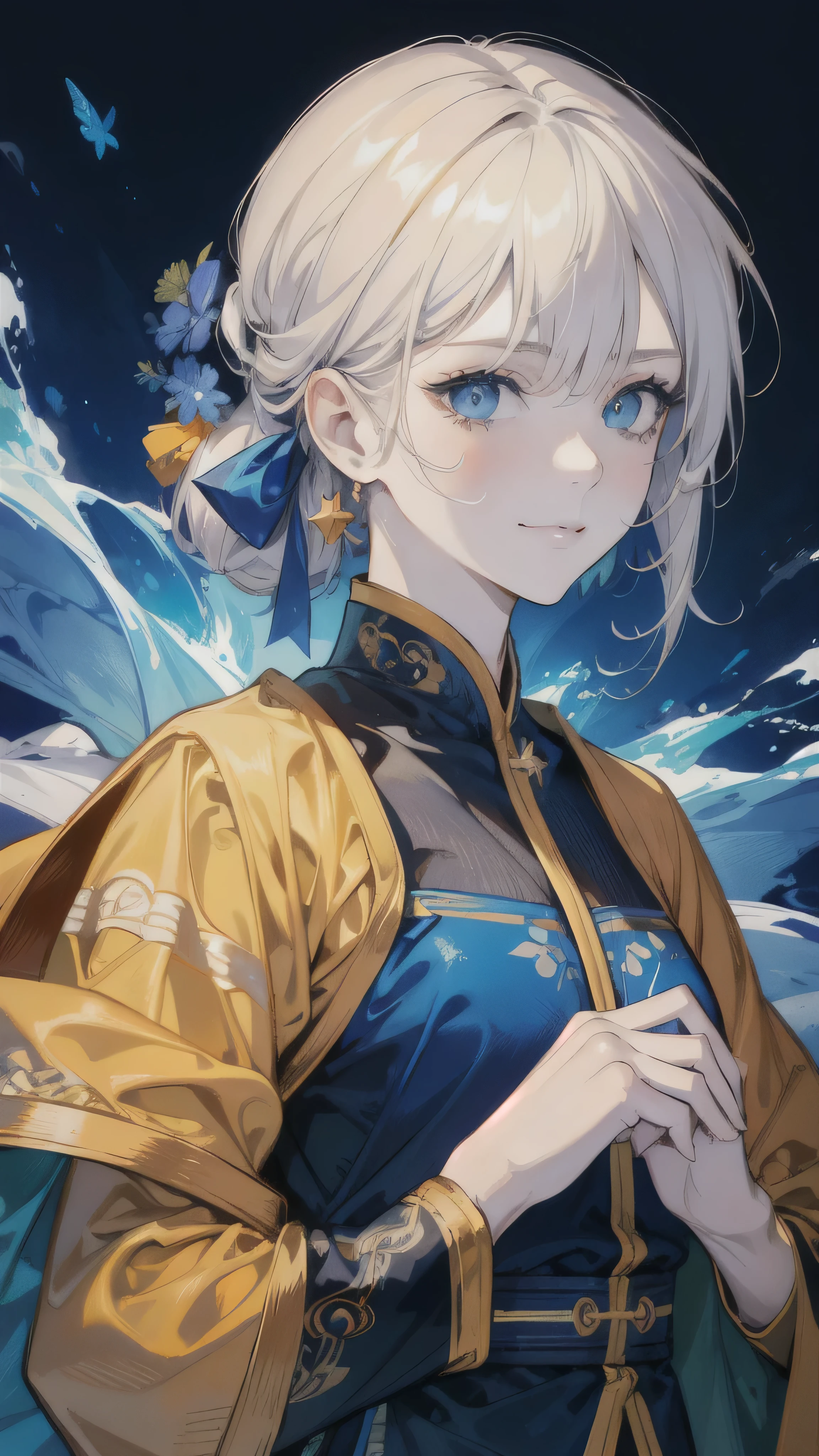 (hyperrealistic), (illustration), (high resolution), (8K), (extremely detailed), (best illustration), (beautiful detailed eyes), (best quality), (ultra-detailed), (masterpiece), (absurdres, highres, ultra detailed), 1 female, , 12 year old, beautiful, finely detailed eyes, blond color hair, BLOND HAIR avatar the last airbender , complex pattern, detailed face, magic effect, bitter cold, cold snap, smile, (dutch angle), closed mouth, blue eyes, (orange with yello kimono with jacket), and orange kimono pattern color, (facing viewer)