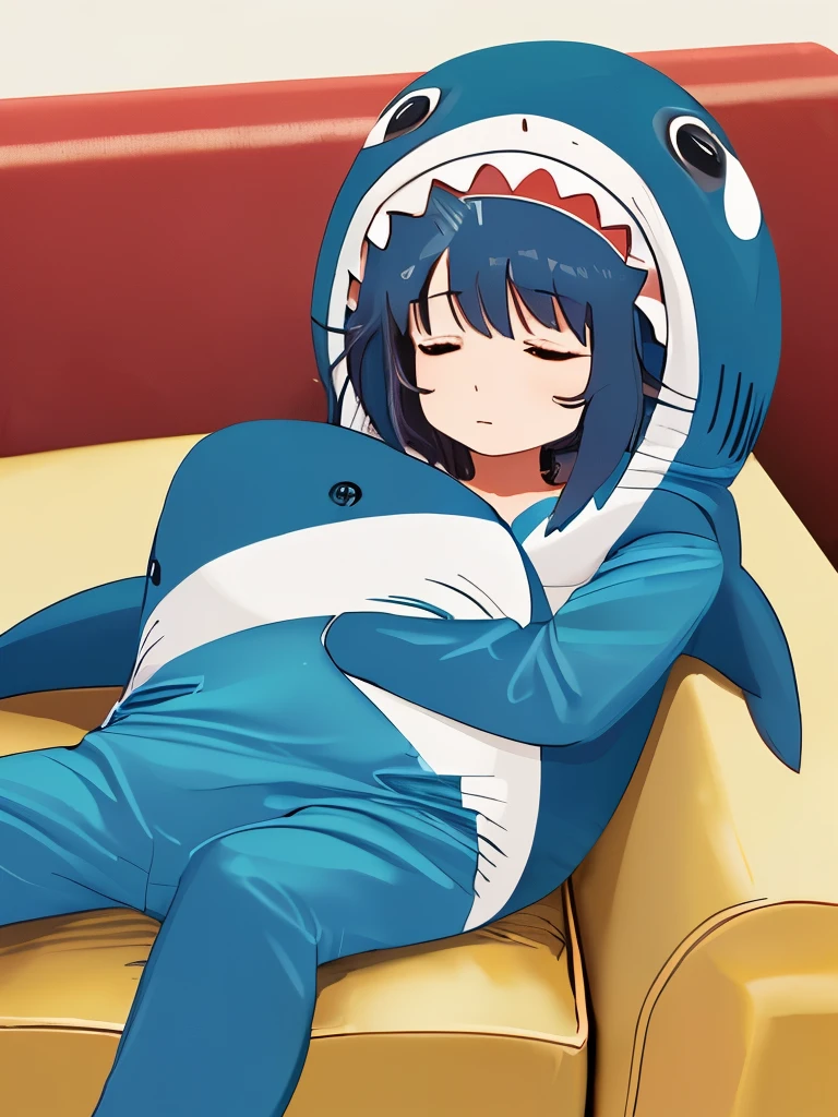 (masterpiece, best quality:1.2), beautiful detailed eyes, absurdres, highres, extremely detailed, perfect anatomy,
BREAK
(1girl, cute girl, shiny body, shiny skin, middle breasts), (light Blue hair, short hair, hairband, blue eyes),
BREAK
(wearing fluffy shark kigurumi pajamas, sleepy, sleeping on the couch:1.5), cowboy shot, night, night view