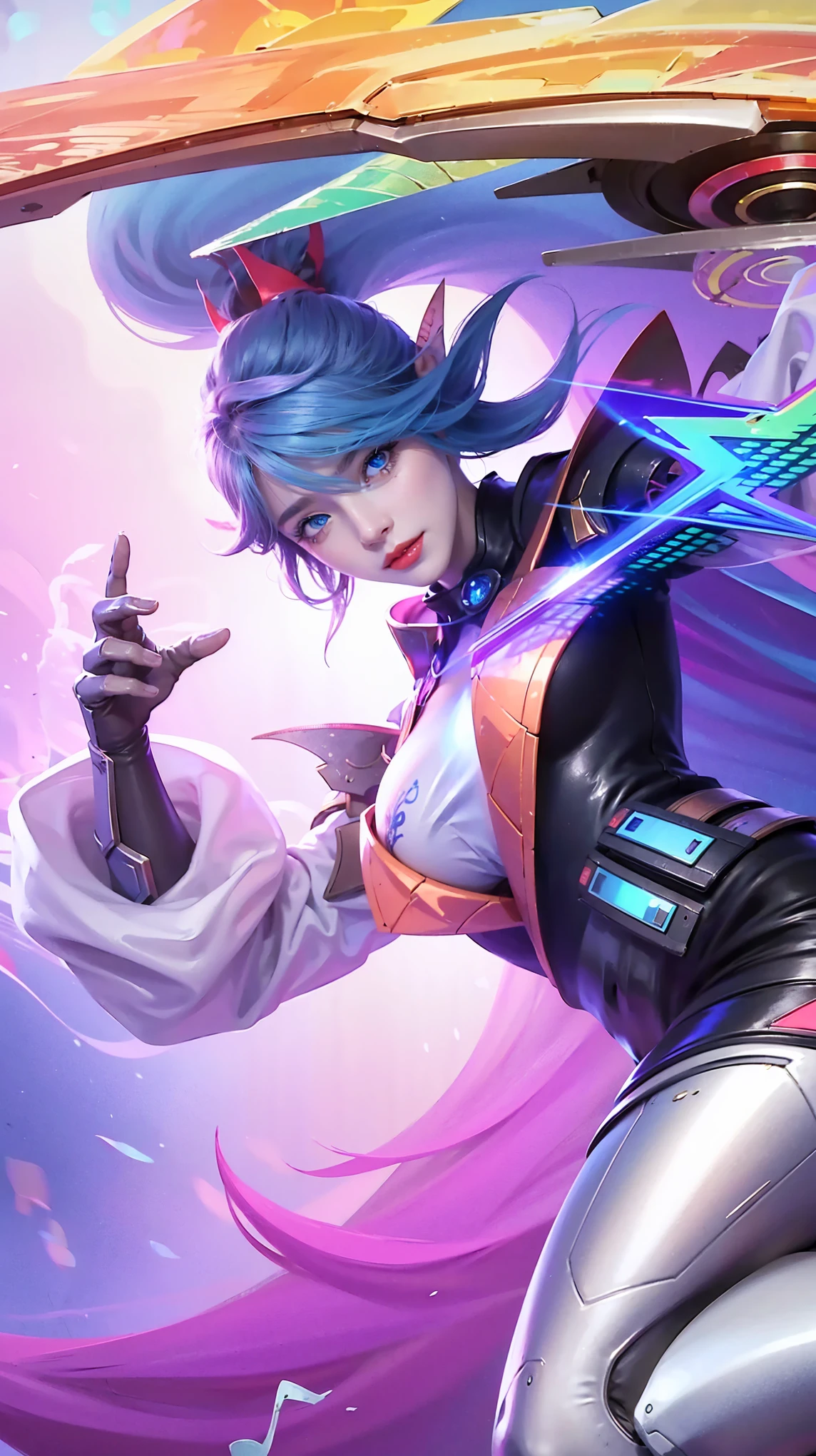 (female:1.2), 8k, ultra hd, ultra detailed texture, hyper realistic, masterpiece, detailed texture, detailed face, detailed skin, detailed lighting, (photorealistic:1.5), best quality, beautiful lighting, cinematic lighting, professional lighting, ultra highres, realistic, detailed hair, real hair, high quality, (realskin:1.5), extremely detailed, finely detail, ultra-detailed, 1girl, solo, elf, pointy ears, standing, demon horns, forehead protector, (blue eyes:1.5), v-shapped eyebrow, lips, red lips, evil smile, nose, make up, pretty, beautiful, cute face, long hair, blue hair, high ponytail, large breasts, cleavage, armpit, navel, stomach, black armor, pauldrons, bare shoulders, shoulder armor, thigh high, sleevless, detached sleeves, breastplate, gauntlets, karina \(mobile legends\), depth of field, looking aways, white skin, skin tight, amazing pose, outdoors, glowing, dark view