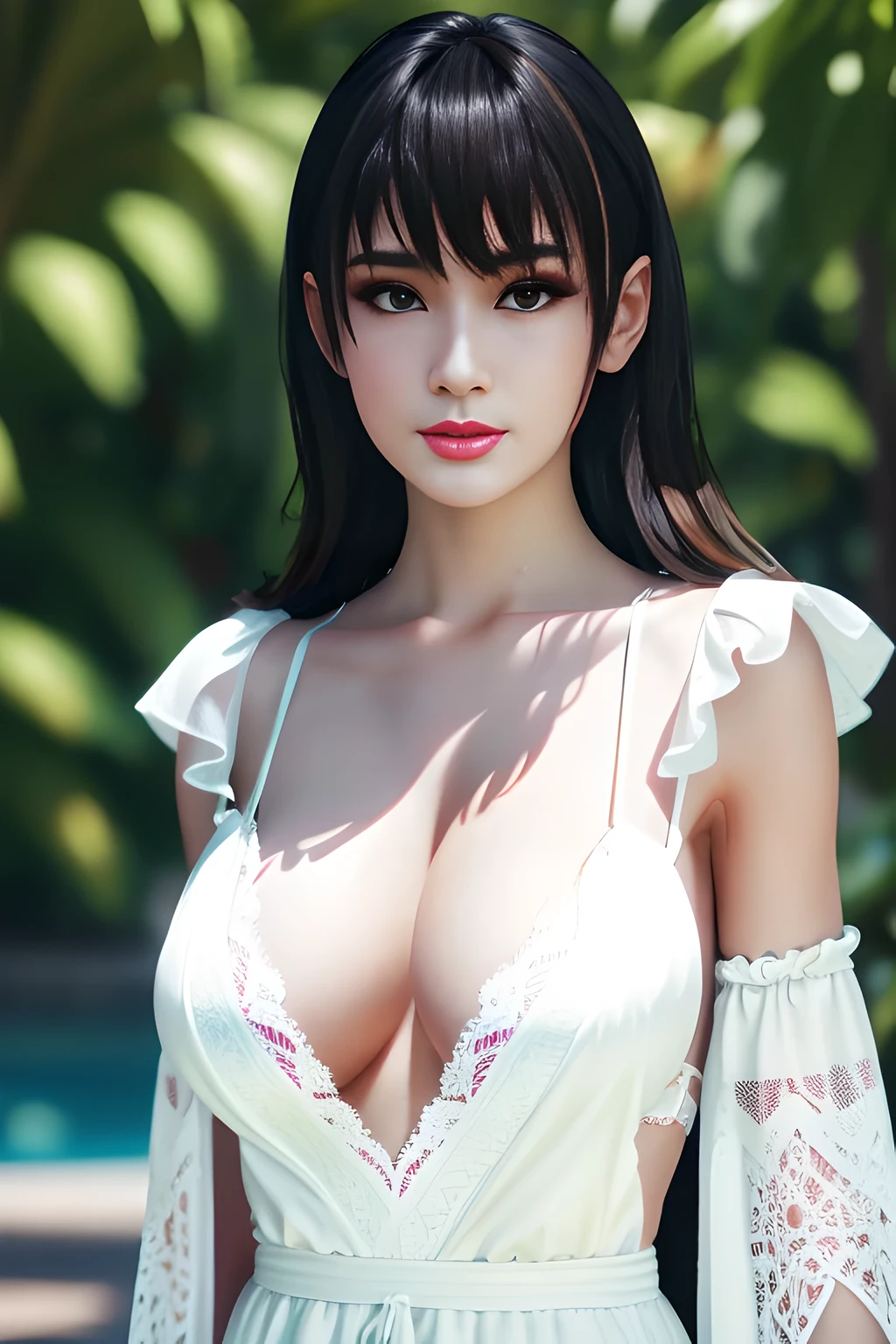night,1 girl,seven waves,hollow dress, White lace dress,jewelry,Outdoor activities, (standing posture),grace,(((red lips))), Lips slightly open, clavicle,Lactation,(huge breasts:1.3),skin shiny,((8k, original photo, top quality, masterpiece)), HD RAW color photos professional close-up photos, (actual, photorealism: 1.37), (best quality),8k,Define detailed faces, tiny details,alone,