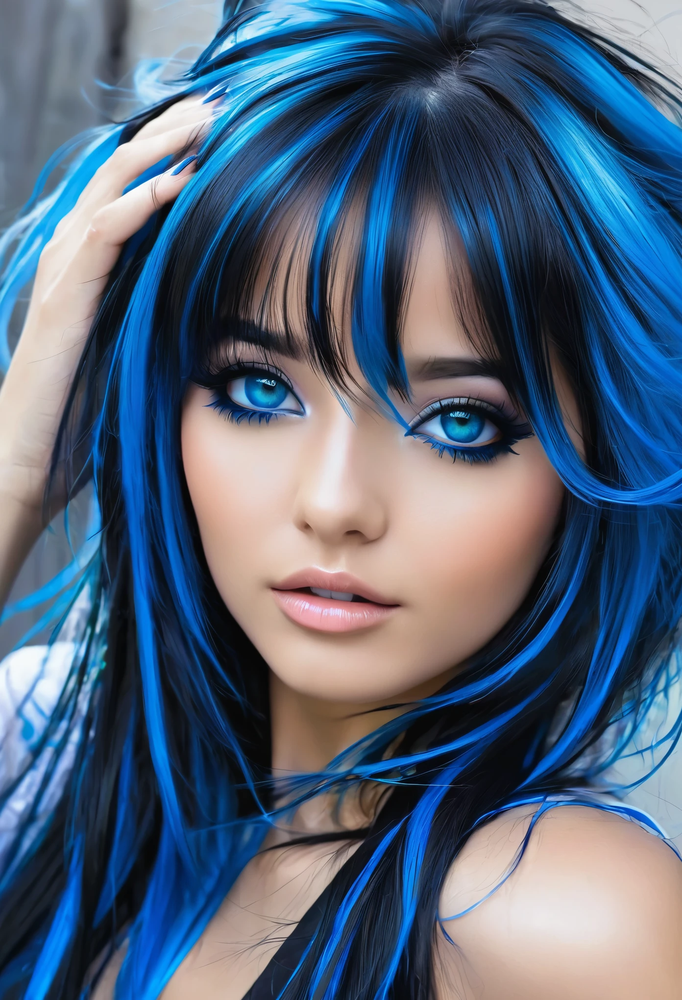 Mujer hermosa,cabello largo y negro,ojos azules,estilo anime