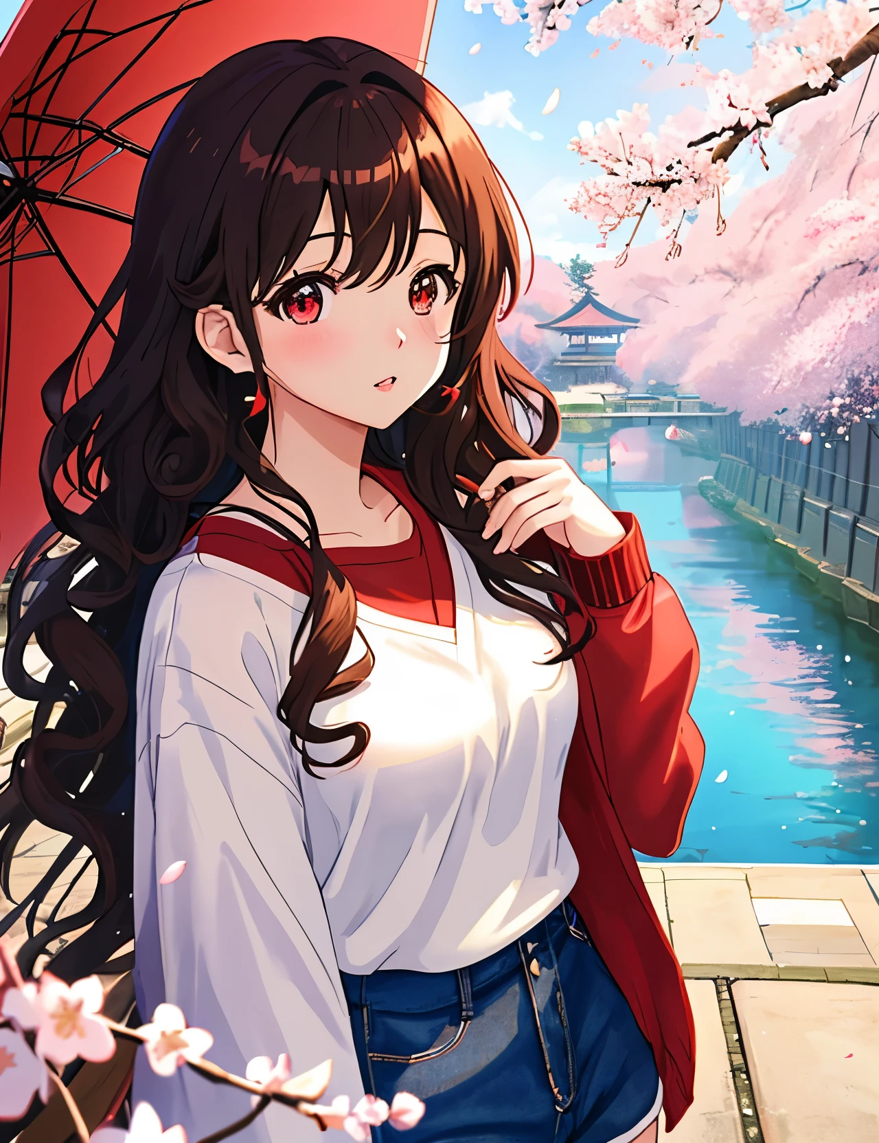 anime、1 female、looking at camera、whole body、long brown hair、curly hair、red eyes、thick lips、well-groomed face、blue cardigan、white t-shirt、black shorts、beautiful breasts、cherry blossoms、red bridge、Kyoto cityscape、rainbow、sunlight、masterpiece、ultra high resolution、delicate、16k、perfect lighting