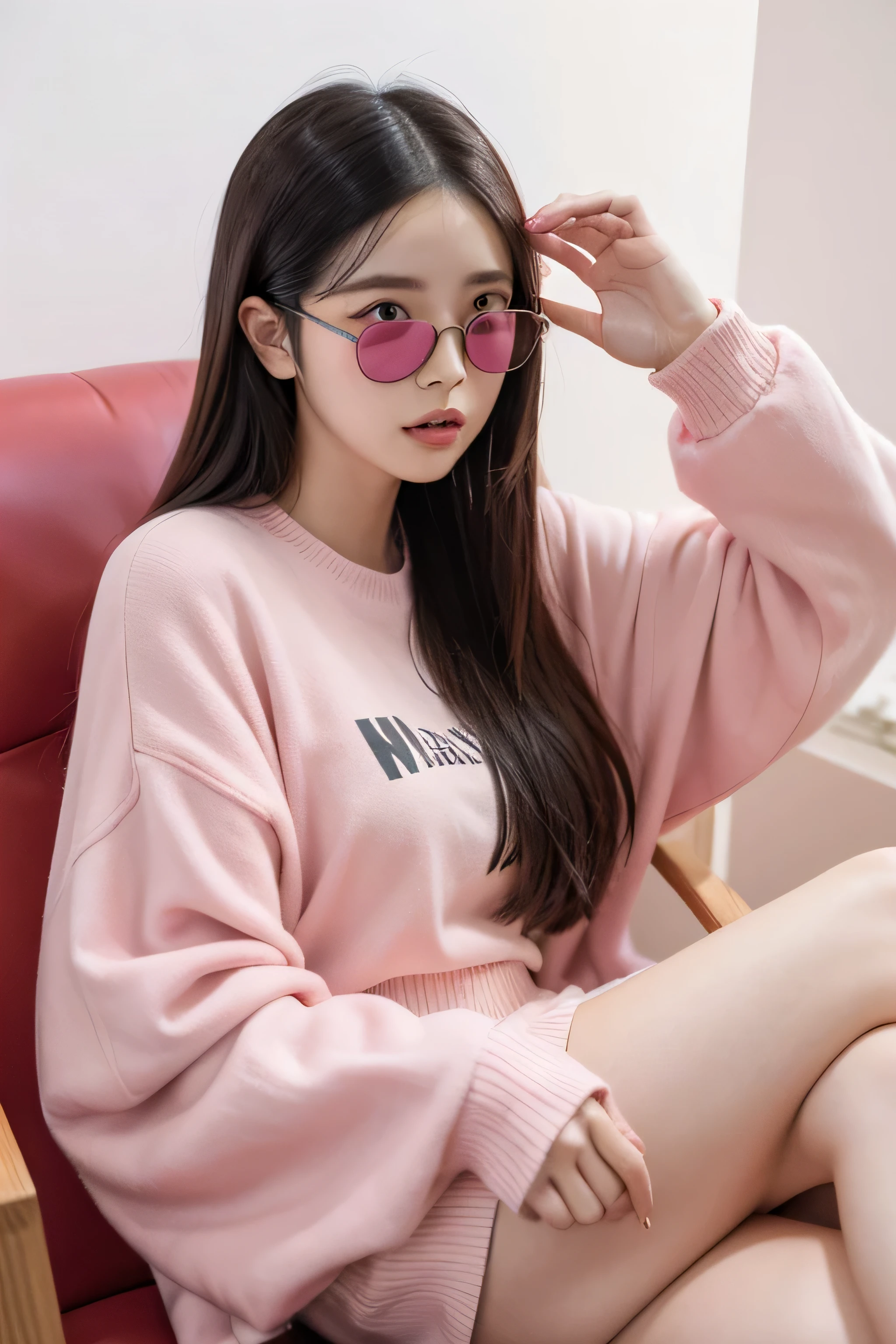 Japanese woman sitting on chair,脸上wear glasses, sunglasses, wear glasses, Urzan, woman wearing rose colored glasses, Lumrat Currency, Wearing thin and big round glasses, wearing pink glasses, Wearing small round glasses, Portrait of Keith Blackpink, blackpink jisoo, blackpink jisoo, square glasses, sunglasses