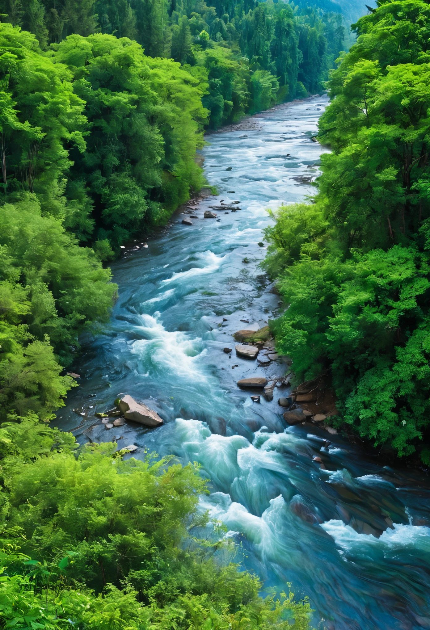 A river flows rapidly in the middle of the forest